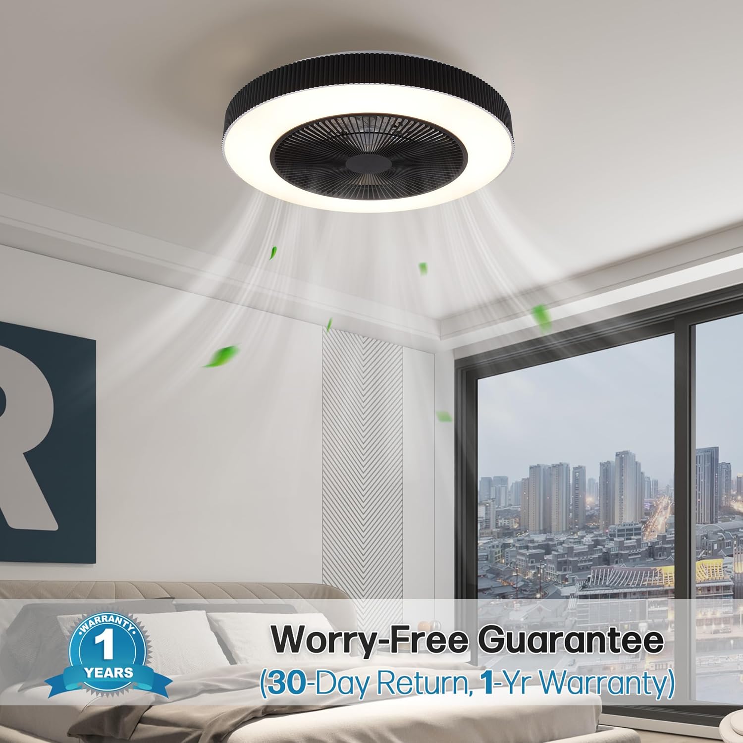 20" Bladeless Ceiling Fans with Light Remote Control,LED Smart Flush Mount Ceiling Fan With light for Bedroom, Kids Room, Reversible Motor, 6 Wind Speed, 3000LM, 57W-White/Black (Black)