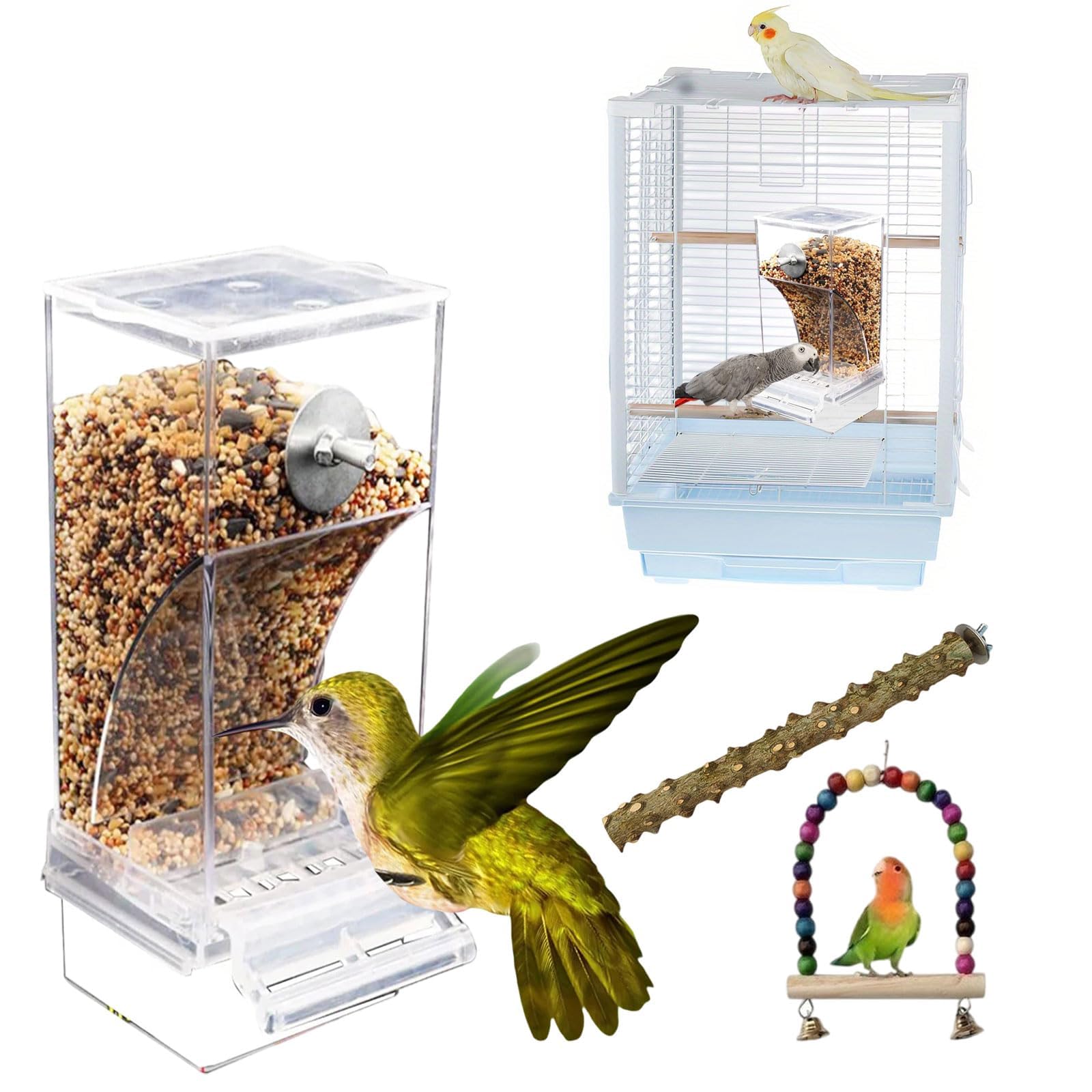 Comedero automático para pájaros,Incluye columpio para periquitos y molinillo de pies de madera de pimienta，Comedero para pájaros periquitos，Comedero para periquitos，Comedero para jaula de pájaros