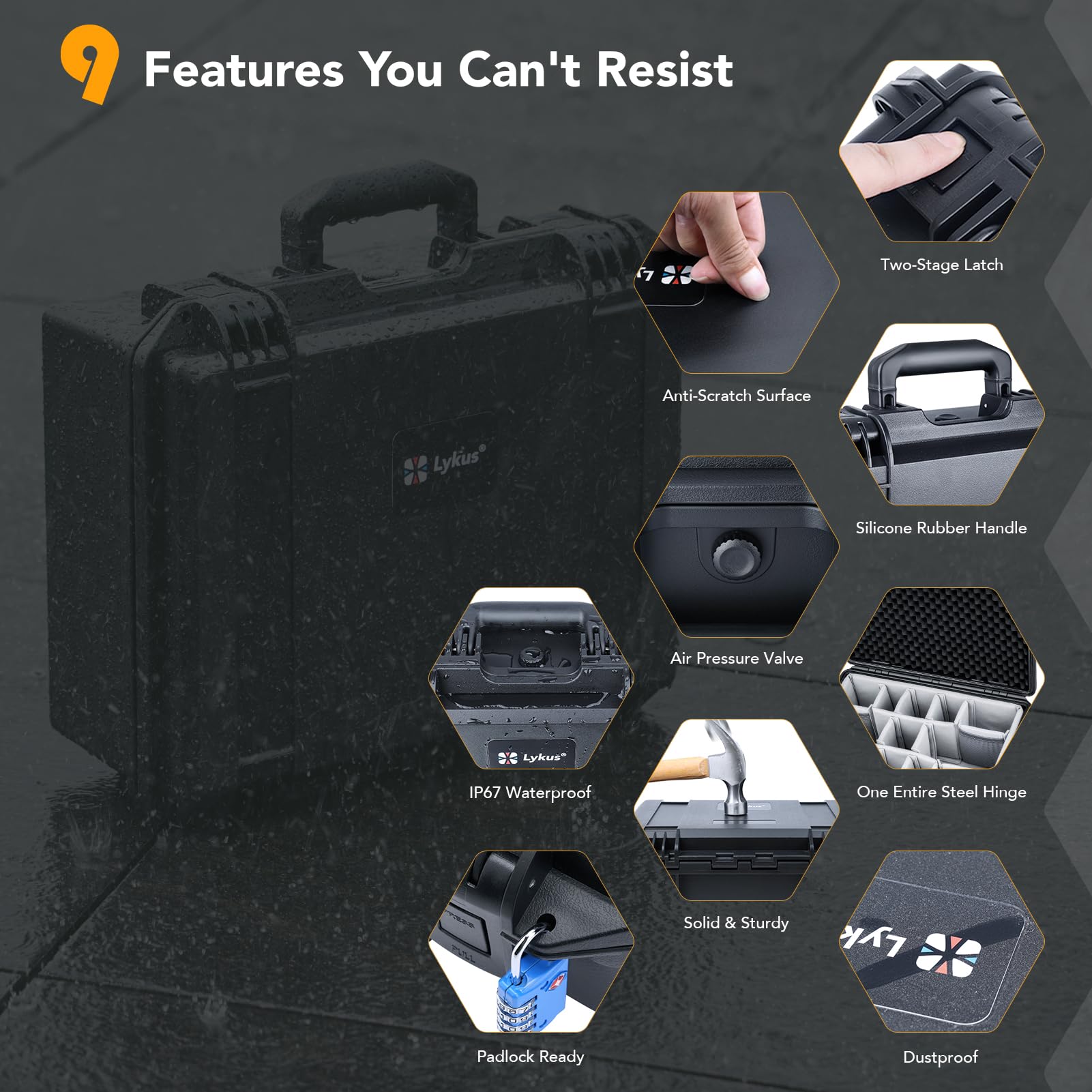 Lykus PVC2 Étui Rigide à Séparateurs pour Appareils Photo et Drones | Appareils Photo,Drones,Caméras Portables et Mixtes,10 Séparateurs Amovibles,Poches Filet,IP67 Étanche,Antichoc