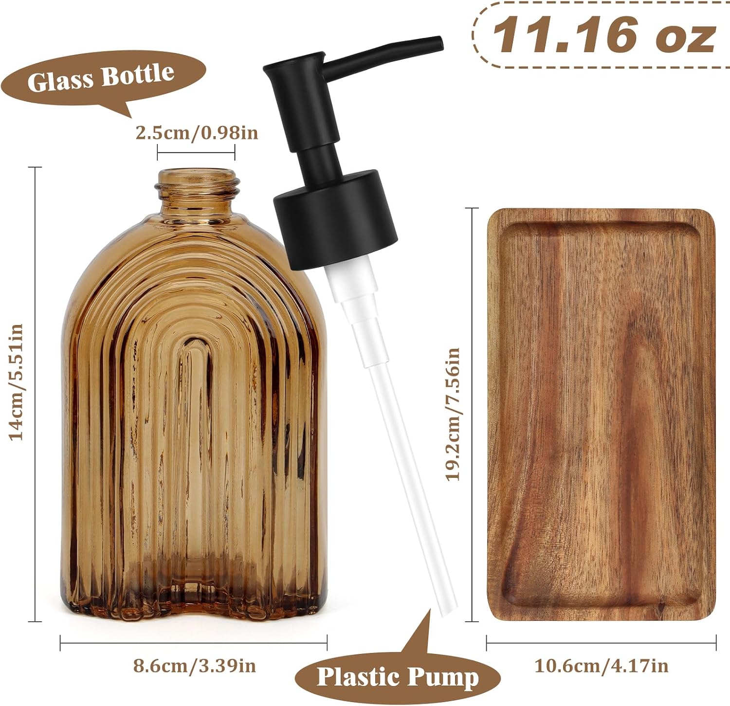 Glass Soap Dispenser Set with Wooden Tray, 11.6Oz Refillable Liquid Modern Soap Dispenser with Plastic Pump for Hand and Dish Set for Bathroom Countertop Decor (Amber) image 2