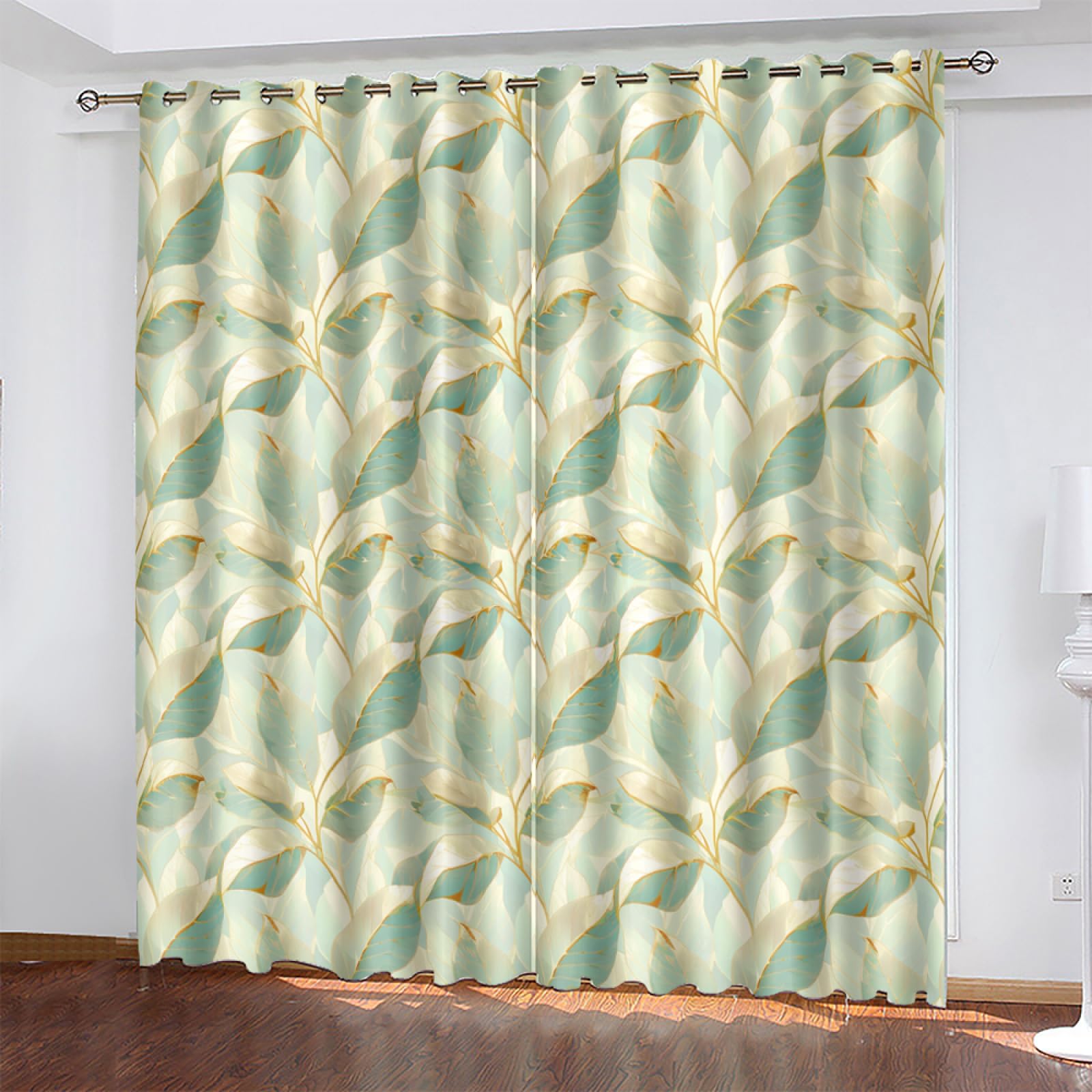 Wazylphin Blackout Eyelet Curtains Green Leaves Beige Thermal Blackout Curtains for Bedroom Living Room Black Out Curtain Reduce Noise Eyelet Curtins Durable Polyester Thick Window Curtain 2x75x166cm