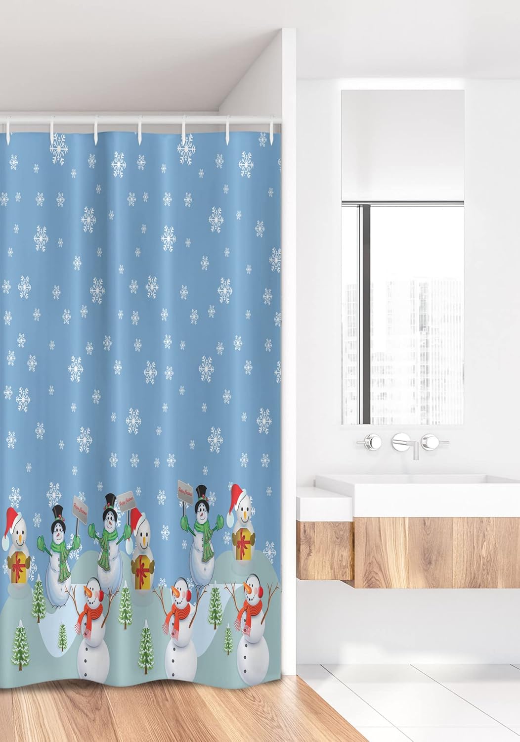 Ambesonne Christmas Stall Shower Curtain, Snowman Party Themed Cartoon Composition Winter Season Elements Trees Snowflakes, Fabric Bathroom Decor Set with Hooks, 36" W x 72" L, Seafoam Blue