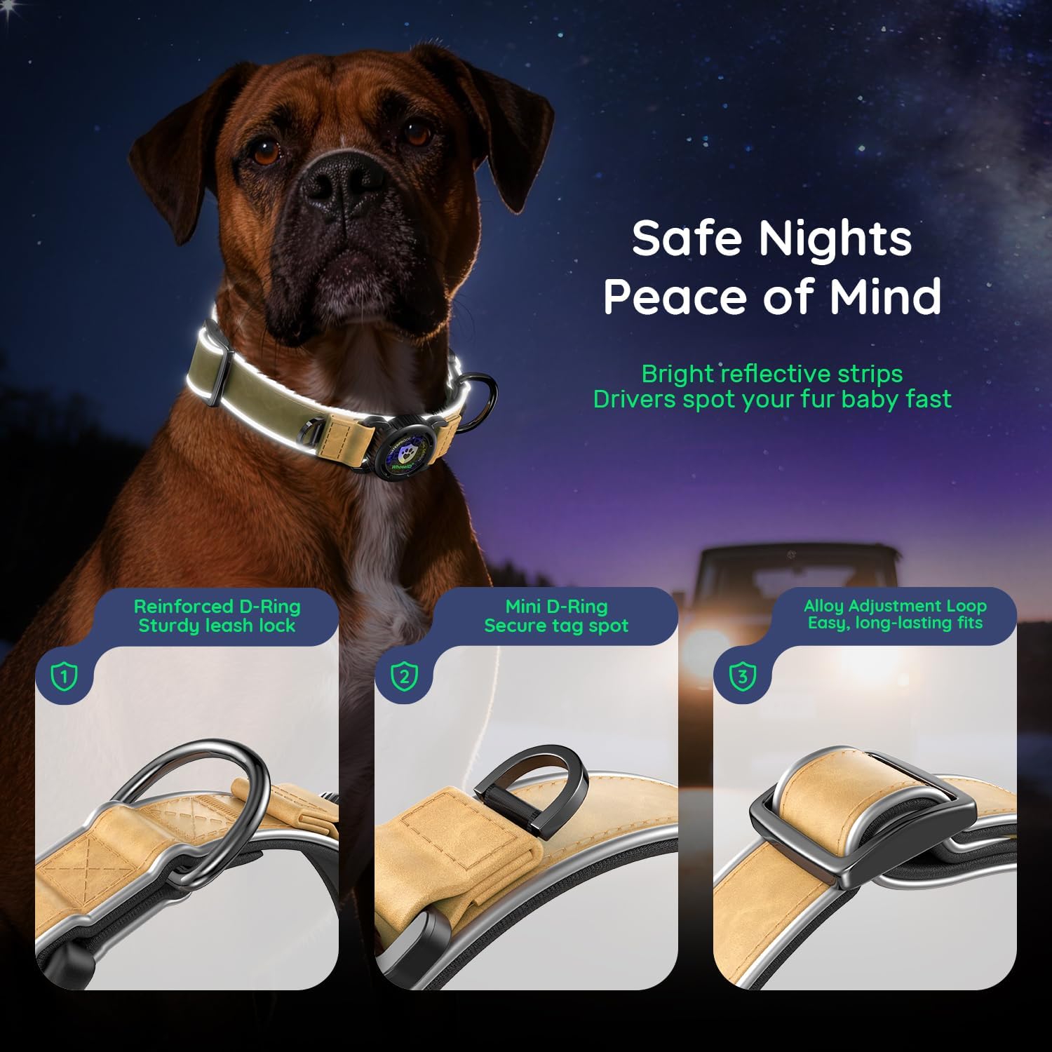 WhoseID AirTag Dog Collar, Waterproof Reflective Leather Dog Collar with AirTag Holder and Magnetic Buckle, Heavy Duty Pet Collar for Small Medium Large Dogs, Brown