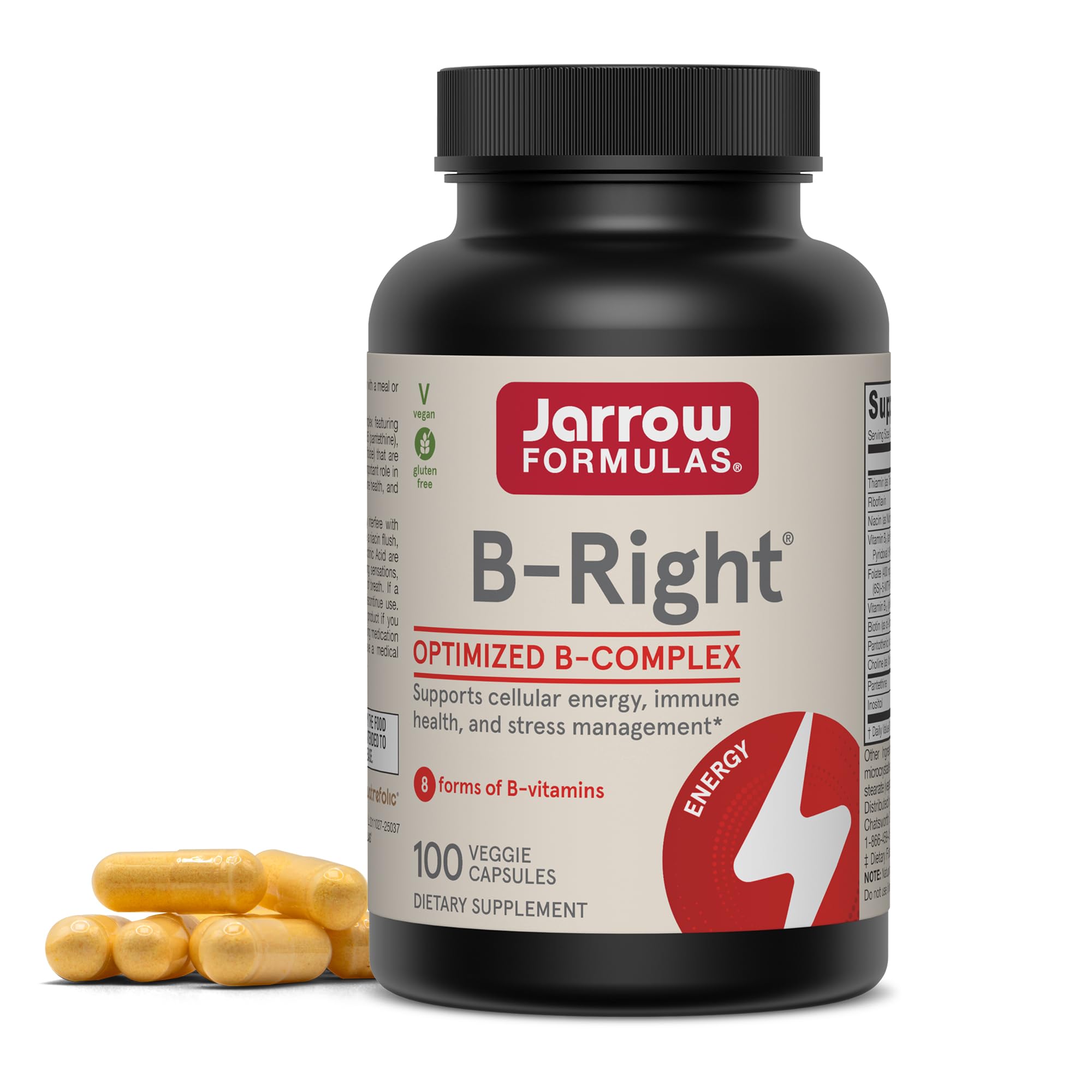 Jarrow Formulas B Right 100 Veggie Caps Low Odor Vitamin B Complex Formula Energy & Metabolism Support Promotes Brain, Heart & Cardiovascular Health 100 Servings, White, 100 Count (Pack of 1)