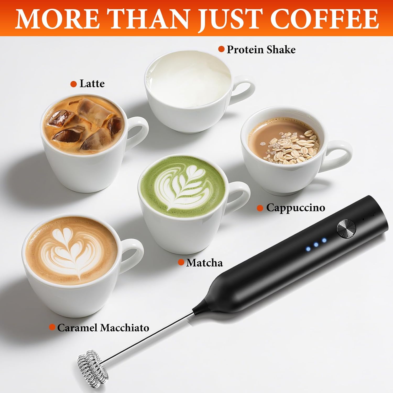 Milk Frother, Rechargeable & Handheld Frother Wand for Coffee, 3 Speed Adjustable Drink Mixer With 3 Stainless Whisks for Matcha, Lattes, Cappuccino, Egg, Electric Whisk Foam Maker (Black)