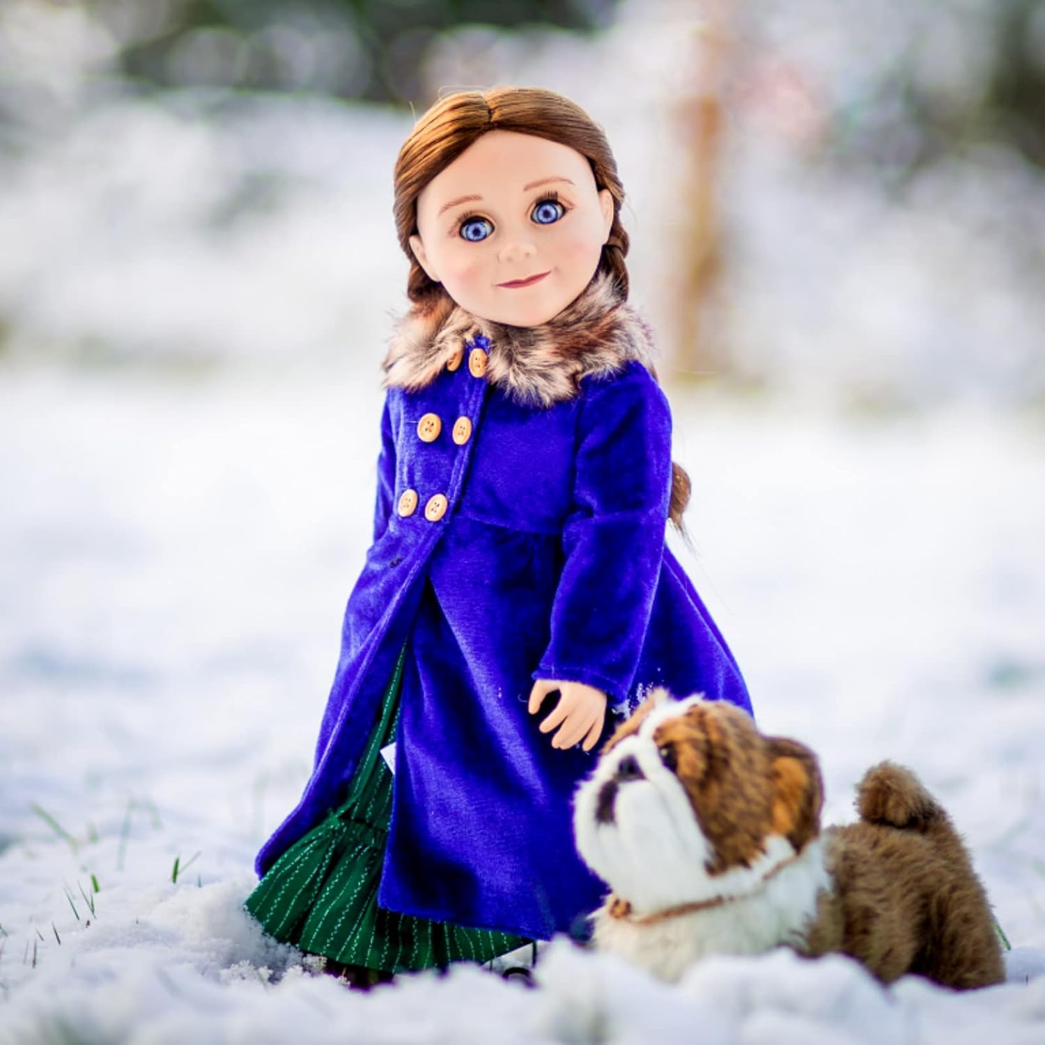 The Queen's Treasures 18 inch Doll Clothes Outfit, Blue Velvet 1800's Style Polyester-Fur Trimmed Coat, Hat, and Hand Warmer, Compatible for Use with American Girl Dolls, Doll NOT Included
