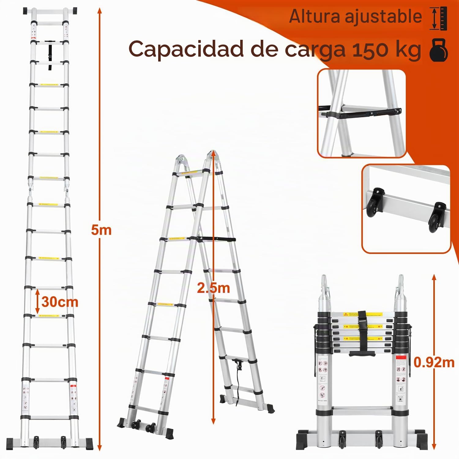 Lospitch 5m Escalera Telescópica, Escalera de Aluminio Plegable Antideslizante Extensible multifunción, Escaleras de Uso múltiple - Plegable (2,5 + 2,5 M) Carga máxima: 150 kg, Plata