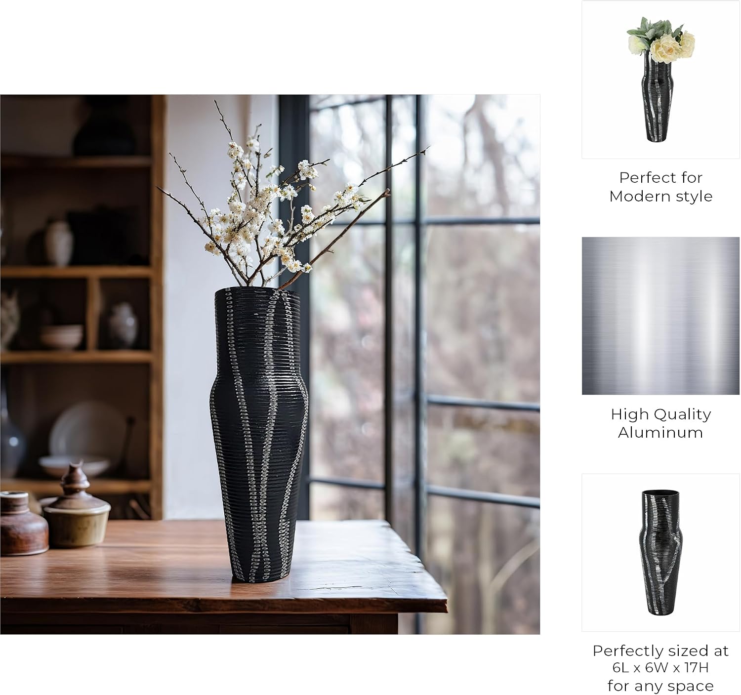 Contemporary Ribbed Metal Vase for Living Room Decor - Decorative Flower Vase Perfect for Bedroom, Home Accent, and Console Table Decor - Stylish House Vase for Office Display - 17" Gray