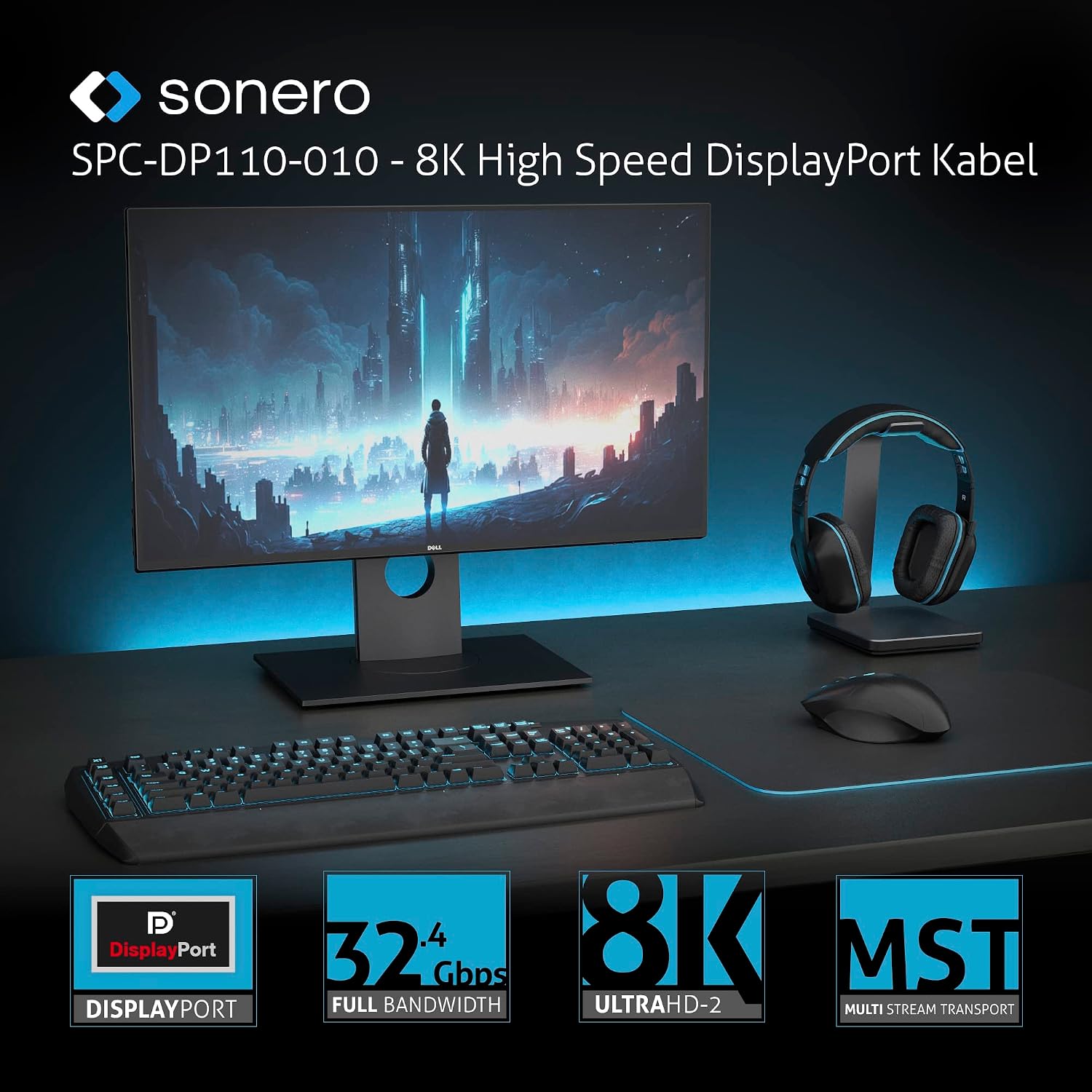 Sonero® 8K DisplayPort Cable 1.4, DisplayPort Male to DisplayPort Male, 8K 60Hz, 4K 120Hz, Cotton Sheath, Grey/Blue, 2.00 m