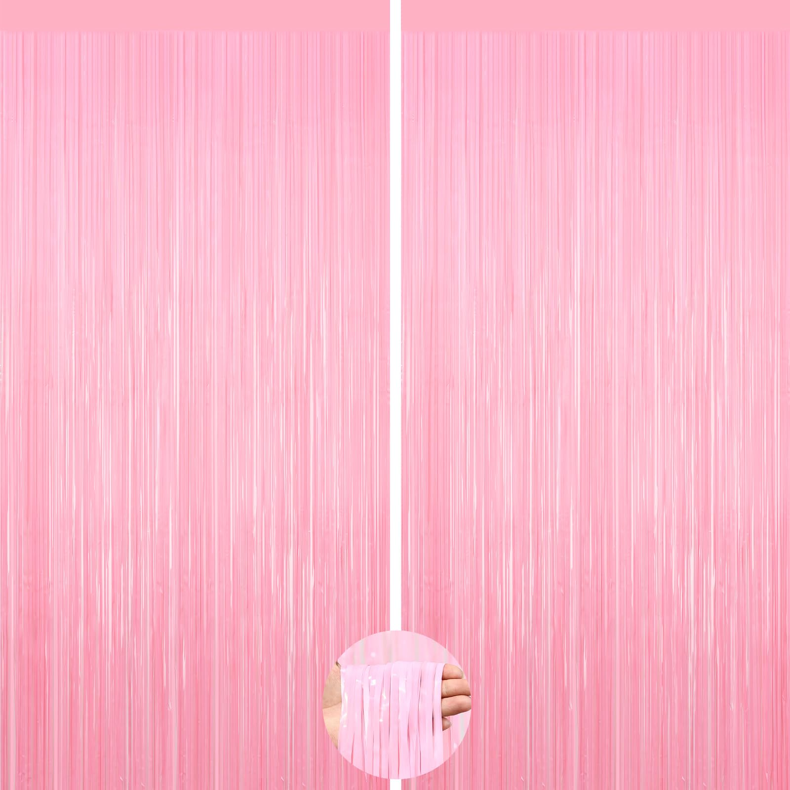 Pastel Pink Foil Fringe Curtains, 2Pack Metallic Tinsel Streamers for Party