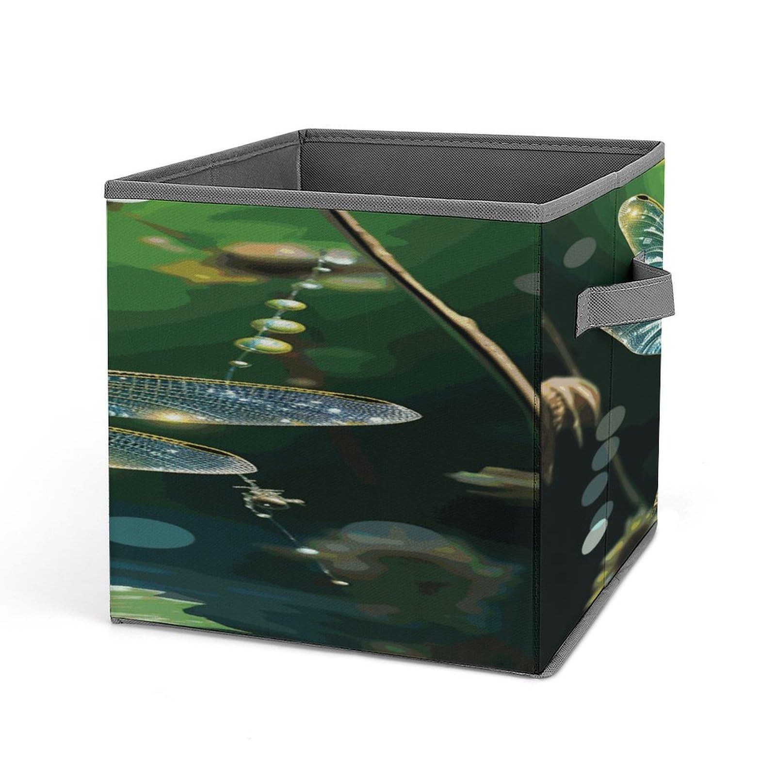 Fodpand Style Dragonfly Green Storage Cubes Foldable Decorative Fabric, Storage Bins Baskets With Handles, Closet Organizers And Storage For Home, Office,Closet, Clothes