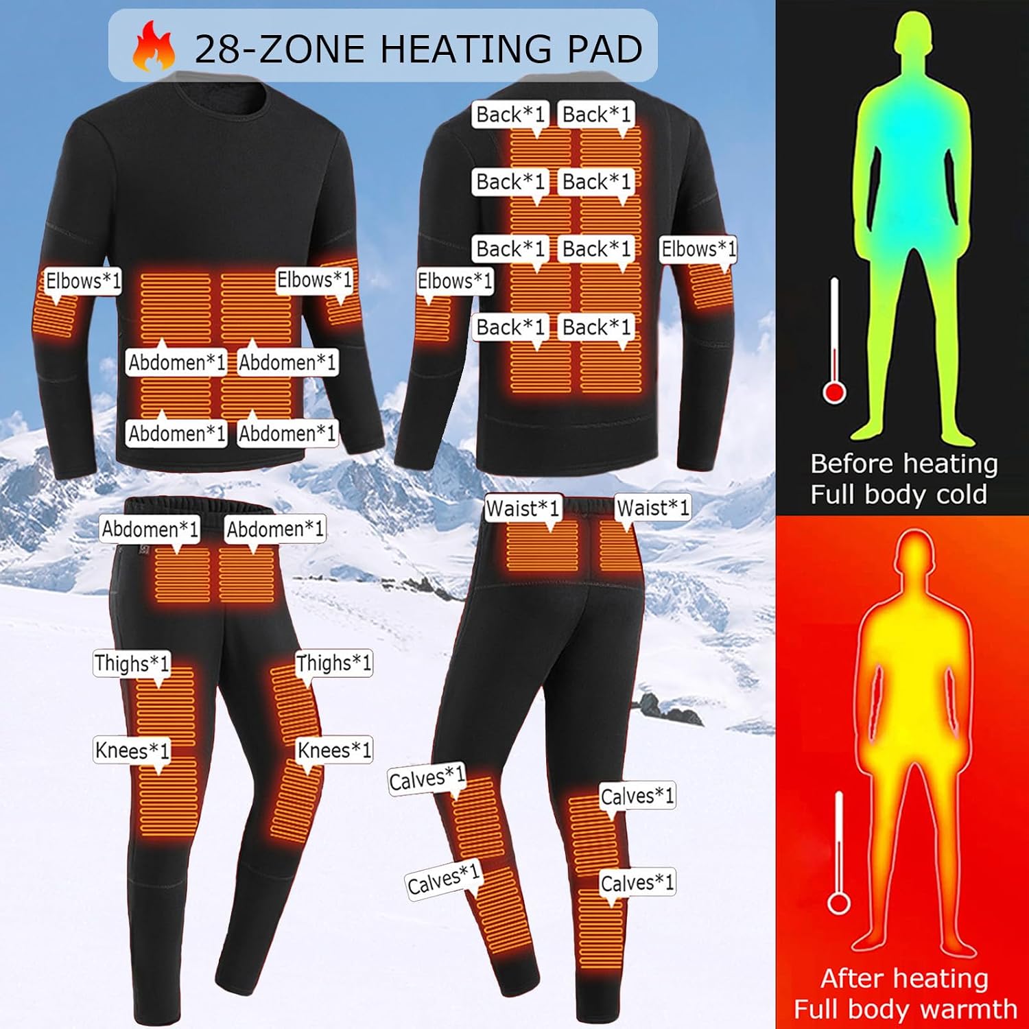 Sous-vêtements Chauffants USB Homme - 28 Zones Chauffantes, 3 Températures, Pour Ski Et Sports D'hiver