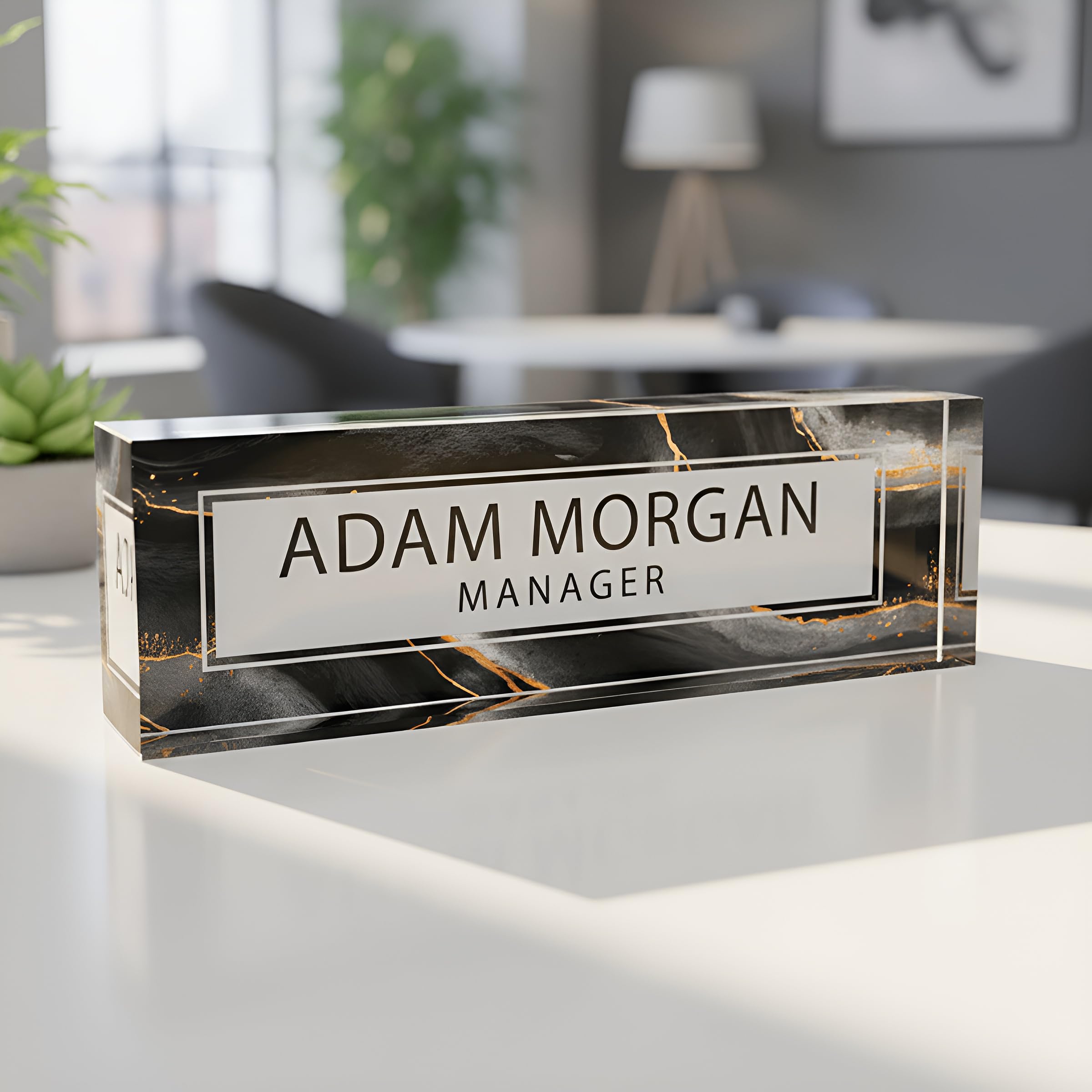 ARTBLOX Personalized Acrylic Desk Name Plate, Black Gold Marble Design