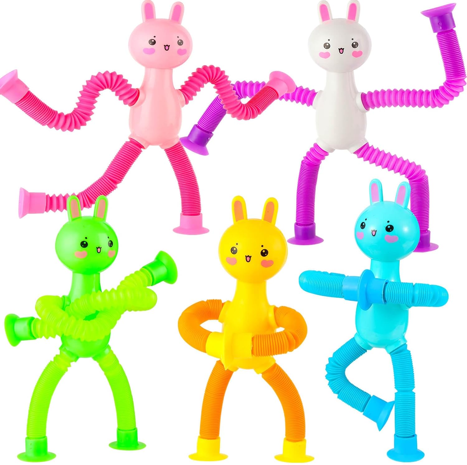 5 Pack Bunny Pop Tubes, Suction Cup Sensory Fidget Toys, Stress Relief & Travel Toys, Party Favors Classroom Prizes for Kids 3-5