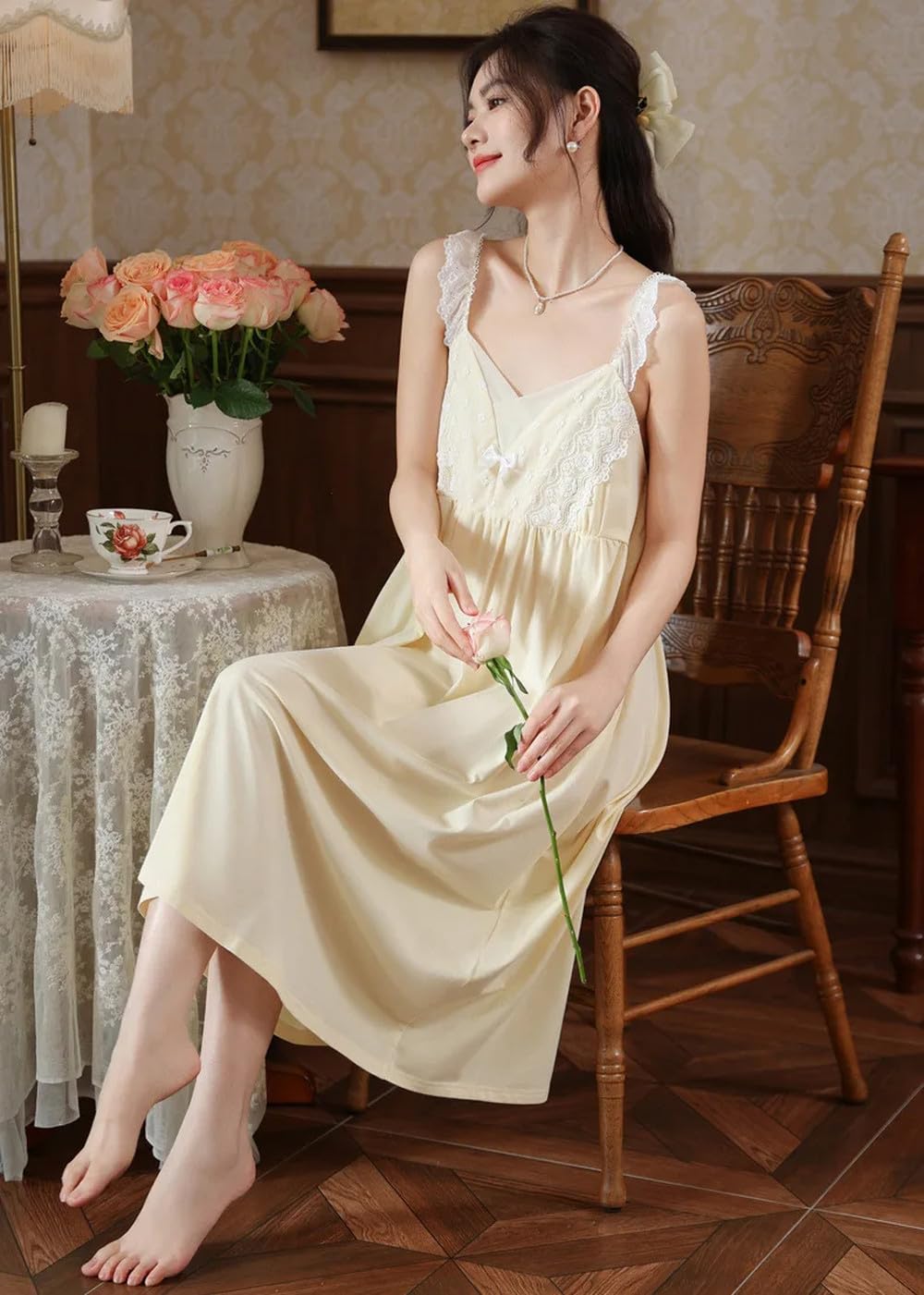 Camicia da Notte Donna - Pigiama da Notte in Pizzo Ricamato Estivo Femminile, Pigiama per Il Petto, Servizio A Domicilio, Camicie da Notte in Cotone