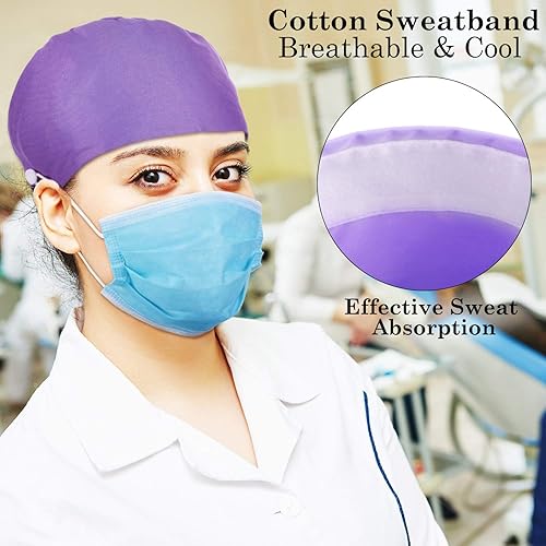 Miniatura 5 de SATINIOR 5 gorras de trabajo quirúrgicas con botón ajustable en forma de calabaza Bouffant sombreros de trabajo con banda para el sudor