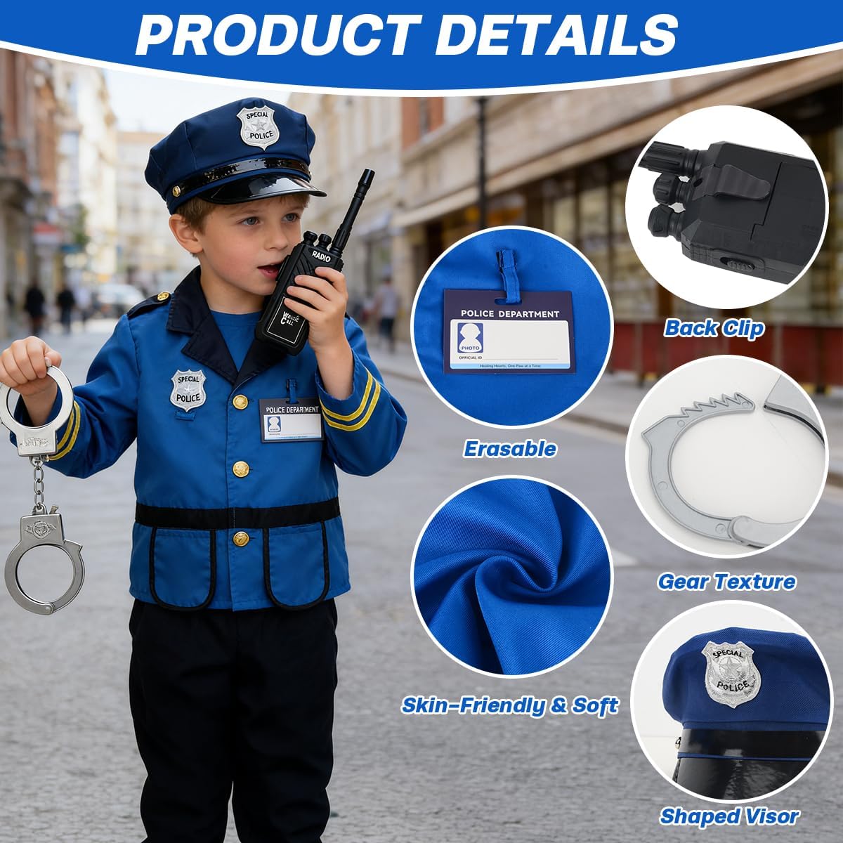 Police Officer Role Play Costume Dress-Up Set for Kids, Police Station Toy Set with Handcuffs, Walkie-Talkie Nightstick, Pretend Cop Career Outfit for Boys Girls Ages 3-7, Halloween Role Play Toys