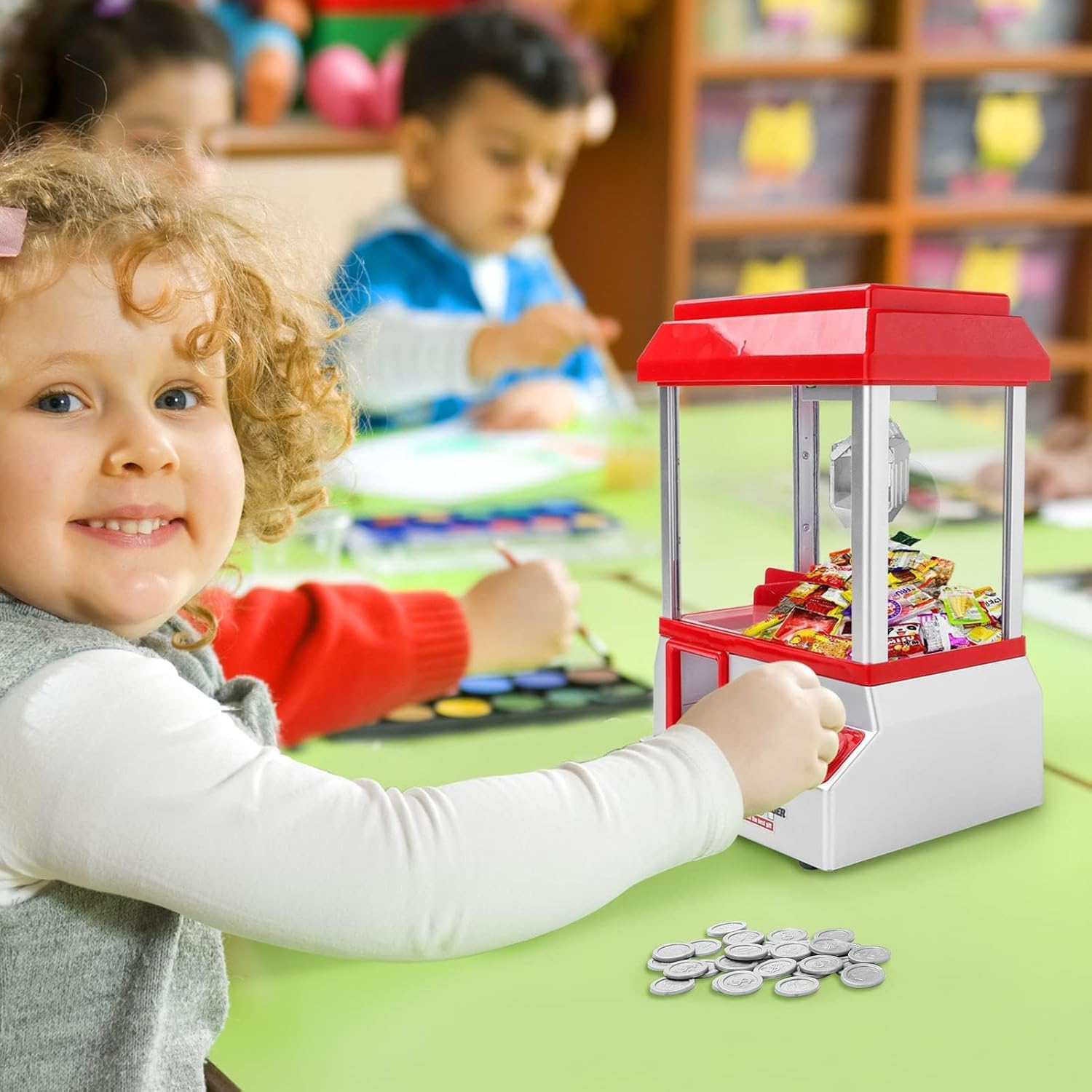 KingSaid Distributeur Bonbon – Machine à Bonbons Candy Grabber Mini Coin Pusher Musical avec 20 Jetons – Jouet Arcade à Piles pour Bonbons et Petits Jouets