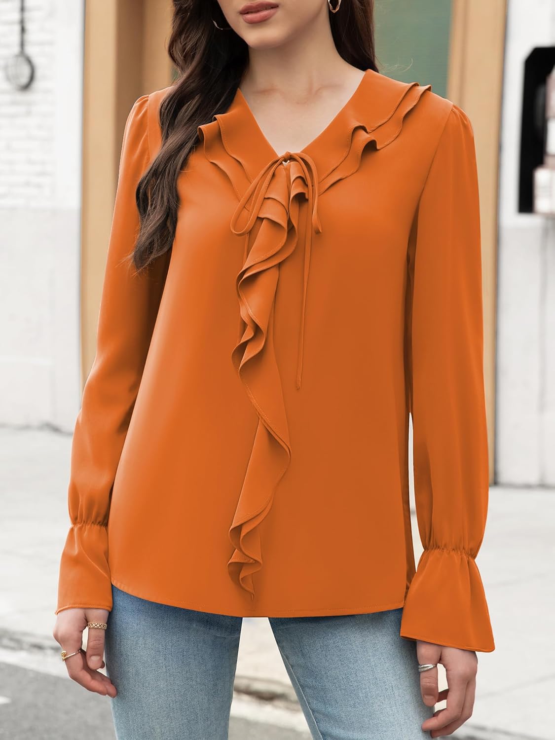 Funlingo Women's Long Sleeve Tops Dressy Casual V Neck Ruffle Tunic Chiffon Blouse Fall Trendy Work Shirts - Image 2