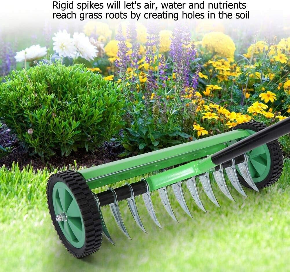 Garden Lawn Aerator Heavy Duty Rolling Roller Home Grass Steel Handle Green New