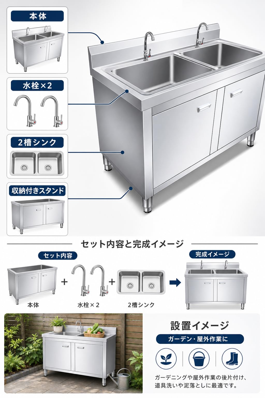 Amazon.co.jp: JEDAL 304ステンレス 流し台 2槽 スタンド収納付き 水栓
