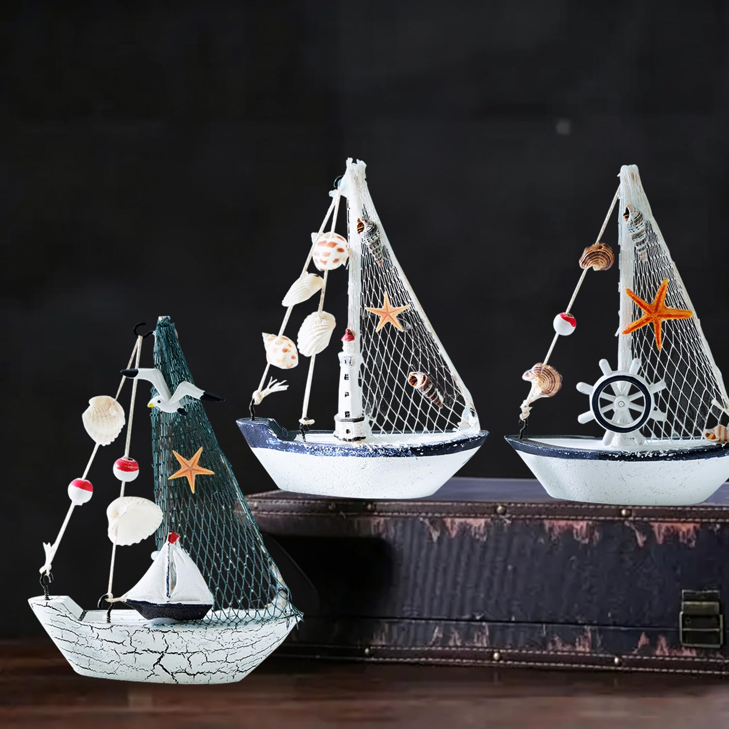 Maritime Badezimmer Deko,3er Set Segelboot Deko,Ruder Muscheln Seestern Seevögel Geeignet Klein Segelboot für Wohnzimmer Schlafzimmer Badezimmer Büro Dekoration(Nautische segelboot)
