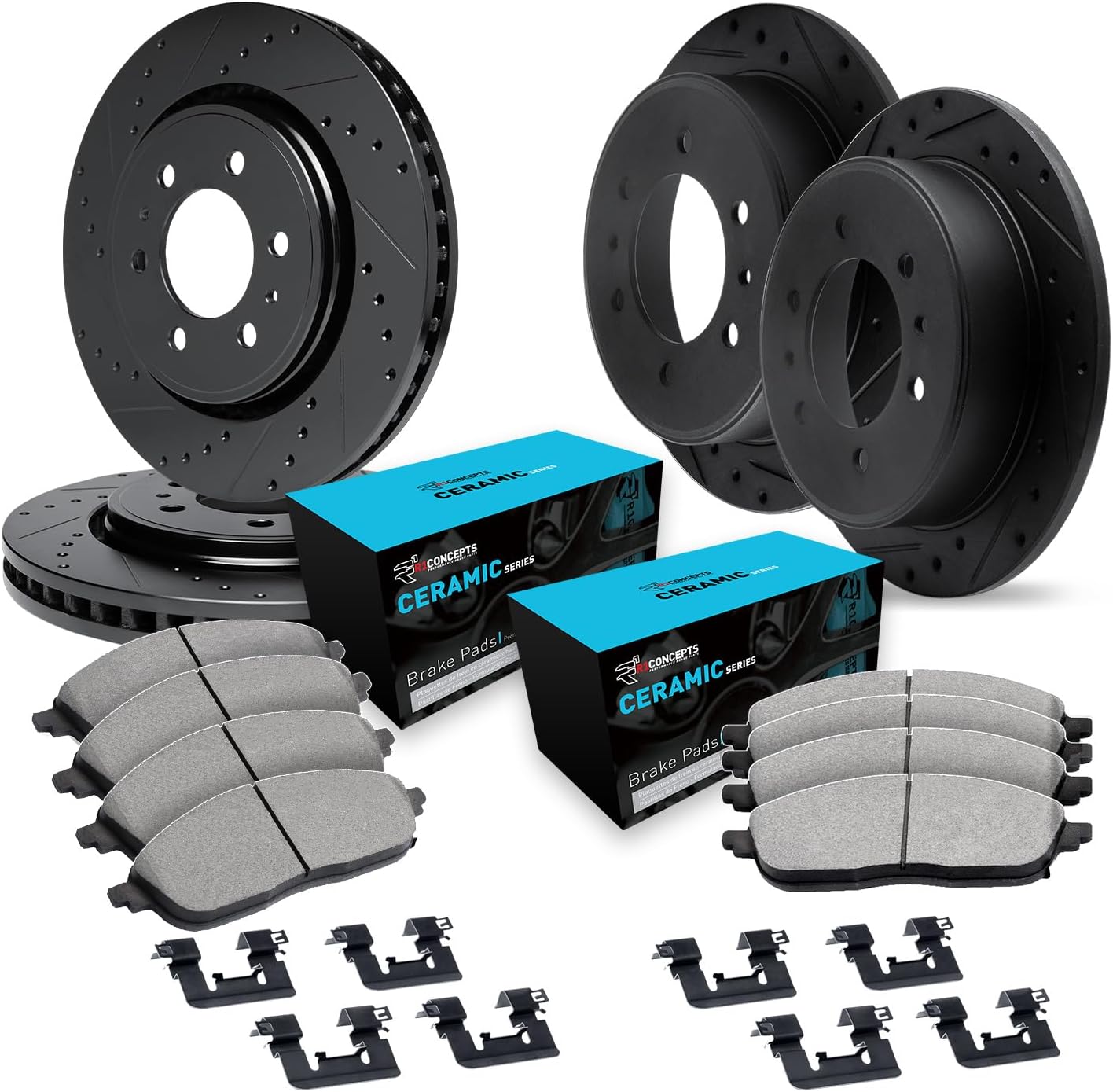R1 Concepts Front and Rear Brake Kit For 2005-2006 INFINITI QX56, Nissan Armada, 2005-2007 Nissan Titan| Drilled Slotted Brake Rotors| Ceramic Brake Pads and Rotors Kit| Hardware included