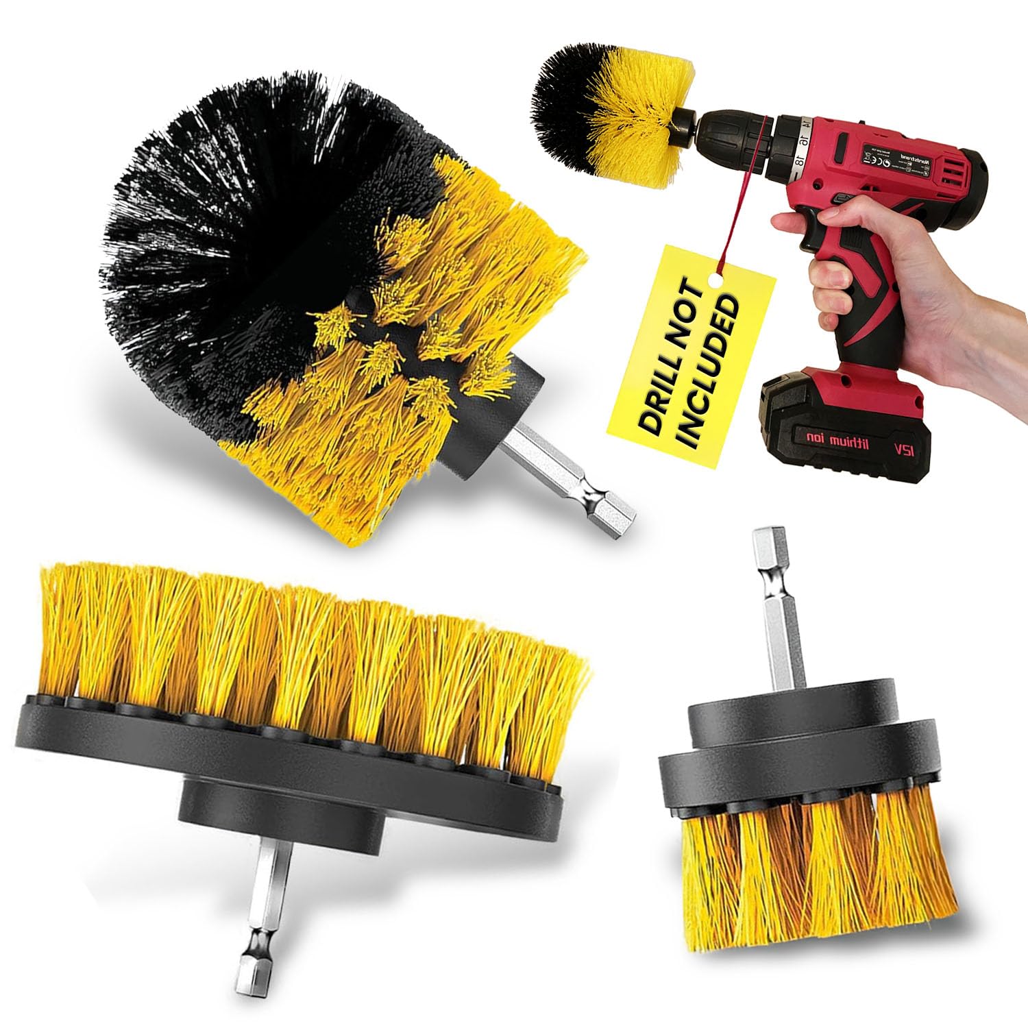 Drill Brush Car Detailing Attachment Set – 3 Piece Power Scrubber Brush Kit for Wheels, Tires, Carpet, Interior, Upholstery – Medium Stiff Nylon Brushes for Cordless Drill Cleaning-picture-11