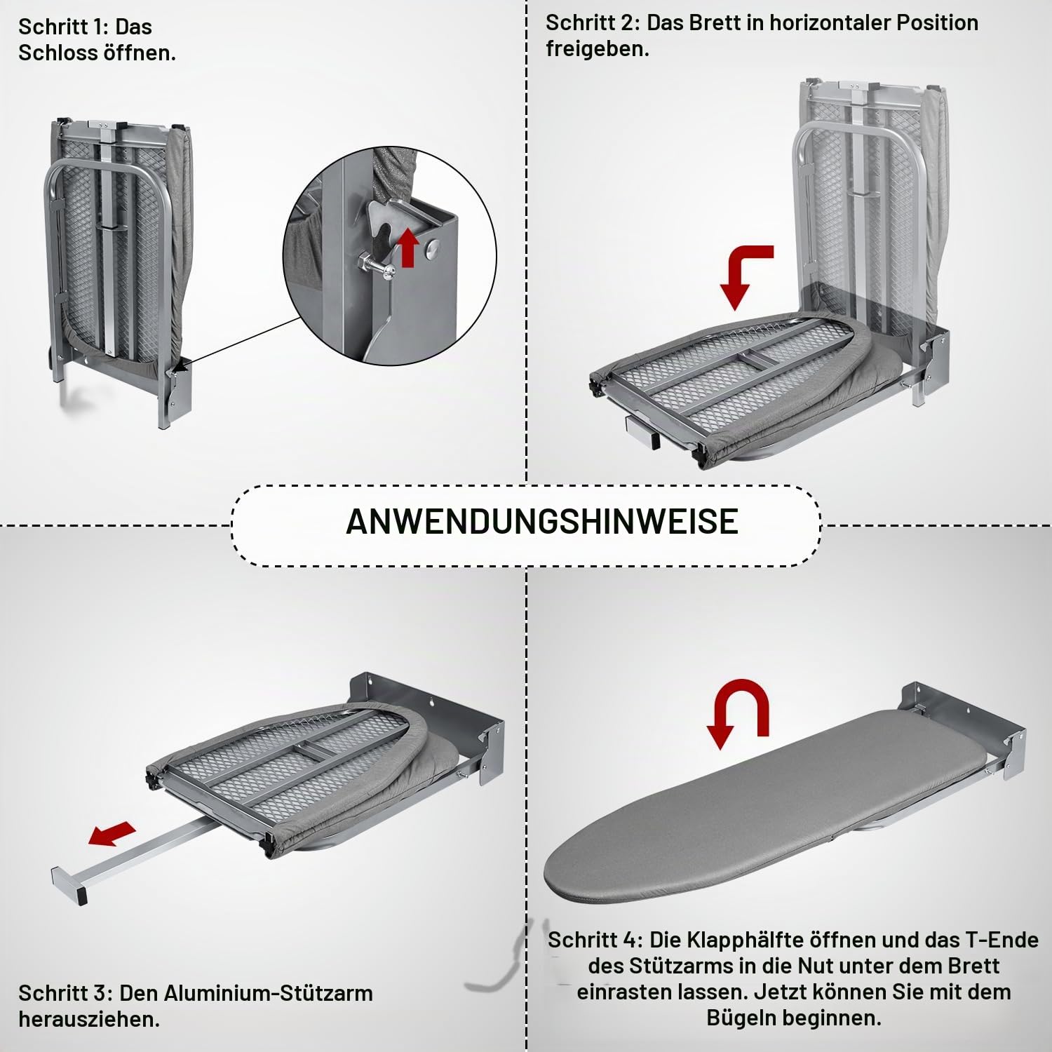 Duwee Wandmontierte Bügelbrett mit Stahlplatte, Faltbarer Bügelbrett-Schrank mit hitzebeständigem Deckel, Kompaktes Wandmontiertes Faltbrett für kleine Räume, Schwarz, 32 x 93 cm
