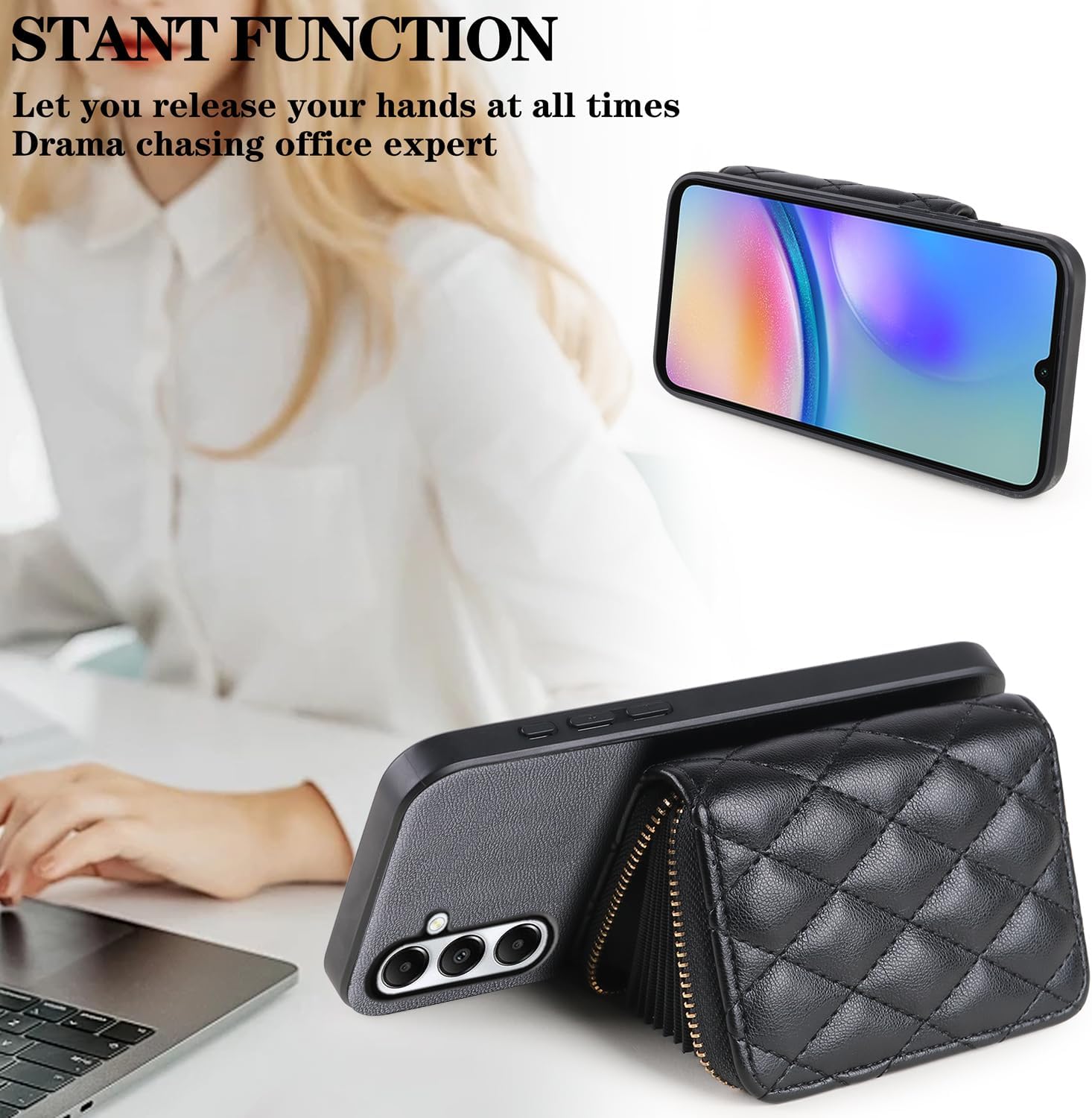 Argyle Wallet Cover for Samsung Galaxy A72 5G/4G with Tempered Glass Screen Protector Shoulder Strap, PU Leather Zipper Organ Card Holder Stand Phone Case for A 72 G5 72A S72 Women Girls Black