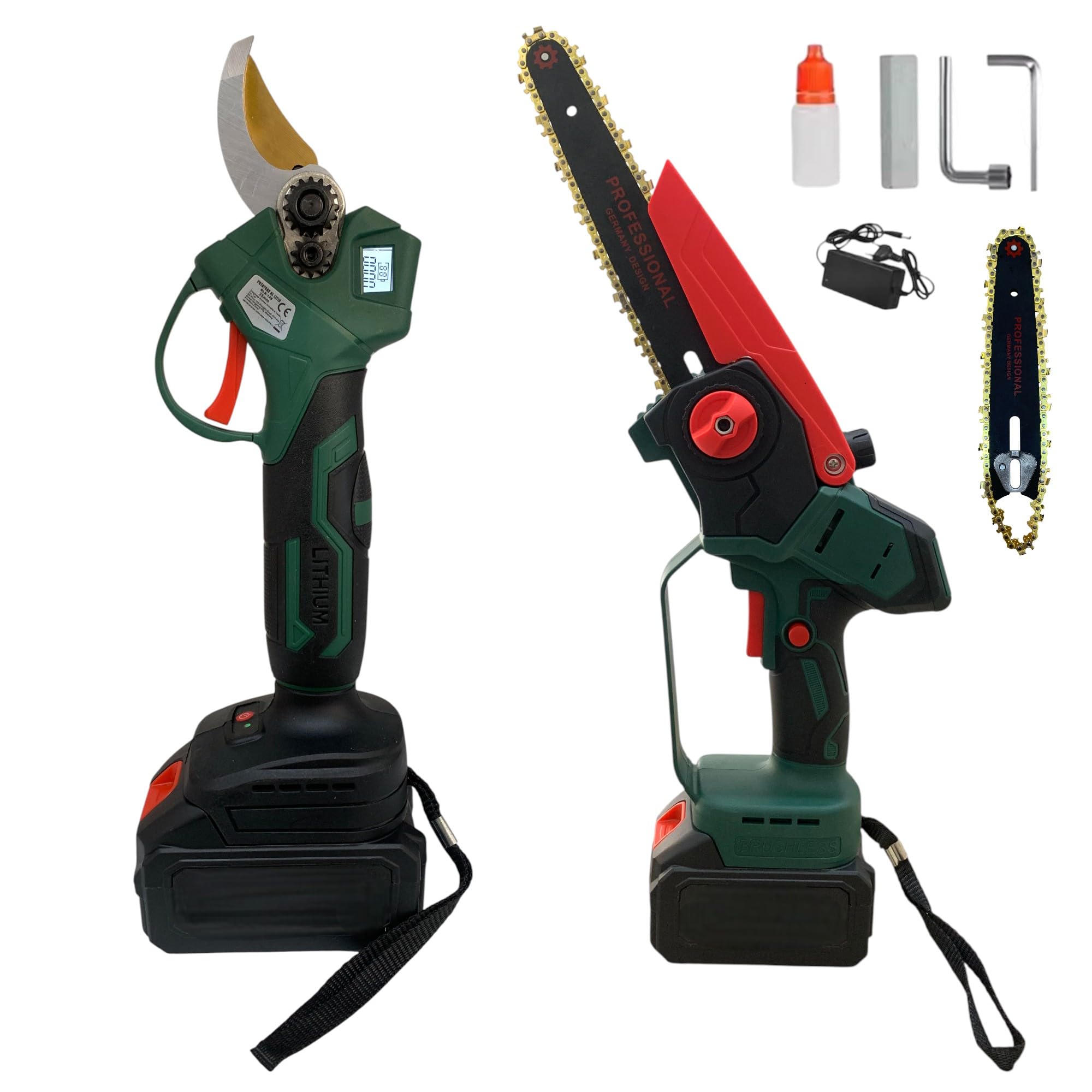 Kit 2 in 1 Motosega Potatore con Doppia Lama 6" e 8" Lubrificazione Olio Automatica + Forbice Cesoia Taglio 35mm Display Digitale Motore Brushless Doppia Batteria 88V 8000mHa da Giardinaggio
