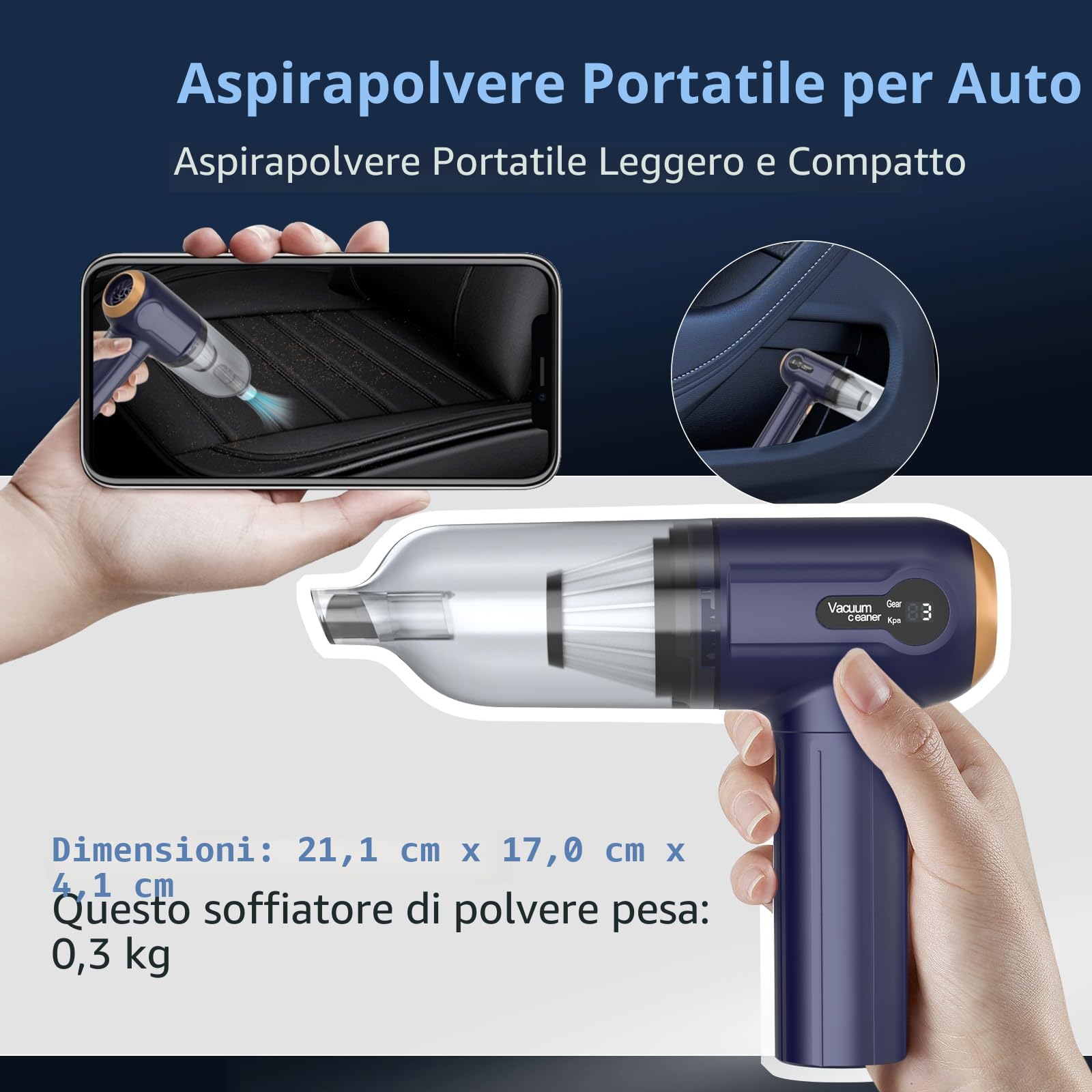 Tiazhan Aspirapolvere manuale, 15000 Pa, potente aspirapolvere a mano, 4 in 1, leggero soffiatore di polvere e aspirapolvere, display a LED, mini aspirapolvere ricaricabile USB, per auto (Blu)