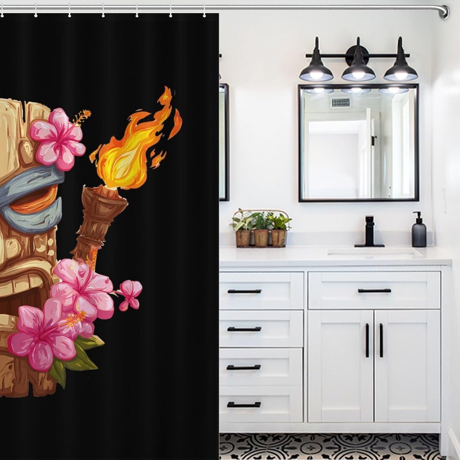 Tiki Mask Hawaiian Flowers Torches Fabric Shower Curtain Liner Bath Bathroom