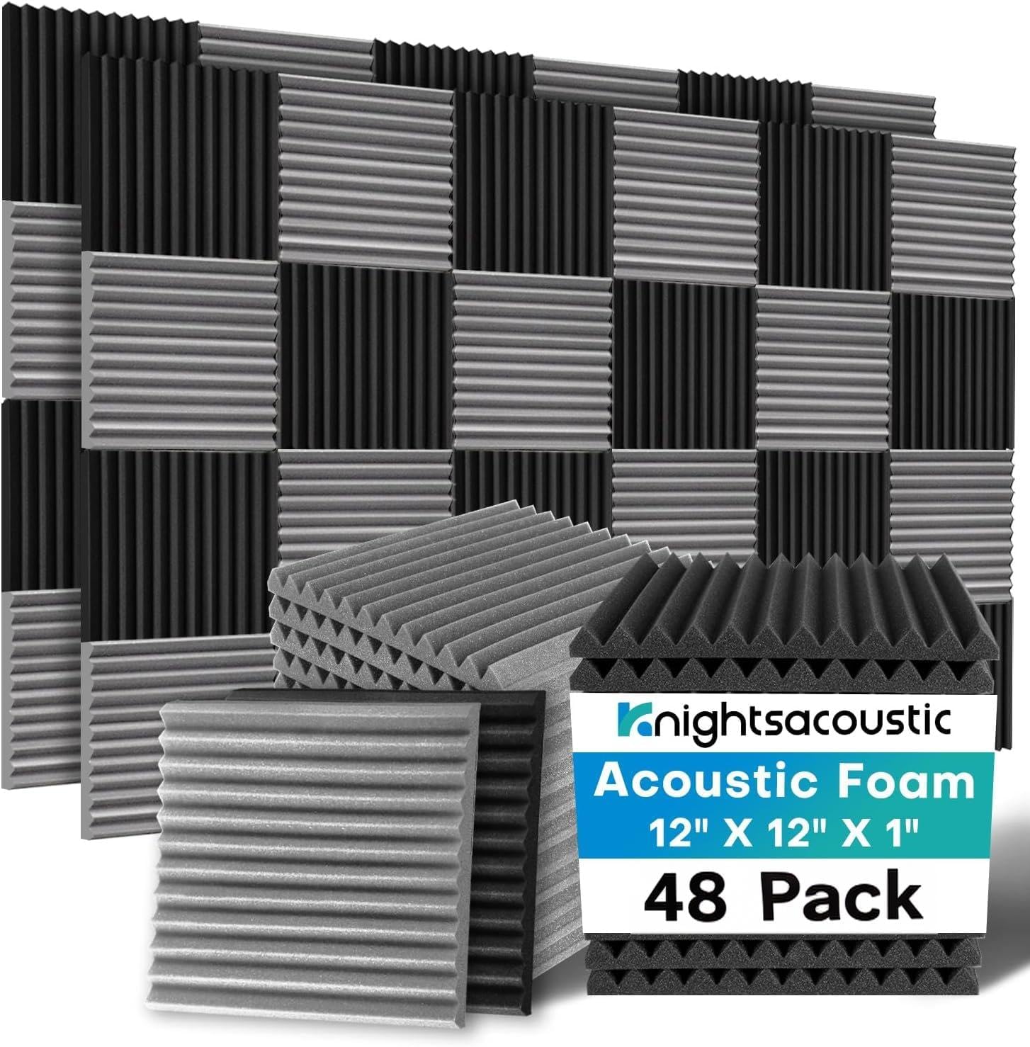 48 Pack Sound Proofing Panels, 1" X 12" X 12" Acoustic Wall Foam Panels, Soundproofing Acoustic Panels, High Density Soundproof Acoustic Absorbing Panels for Podcast Studio, Offices, Black+Grey