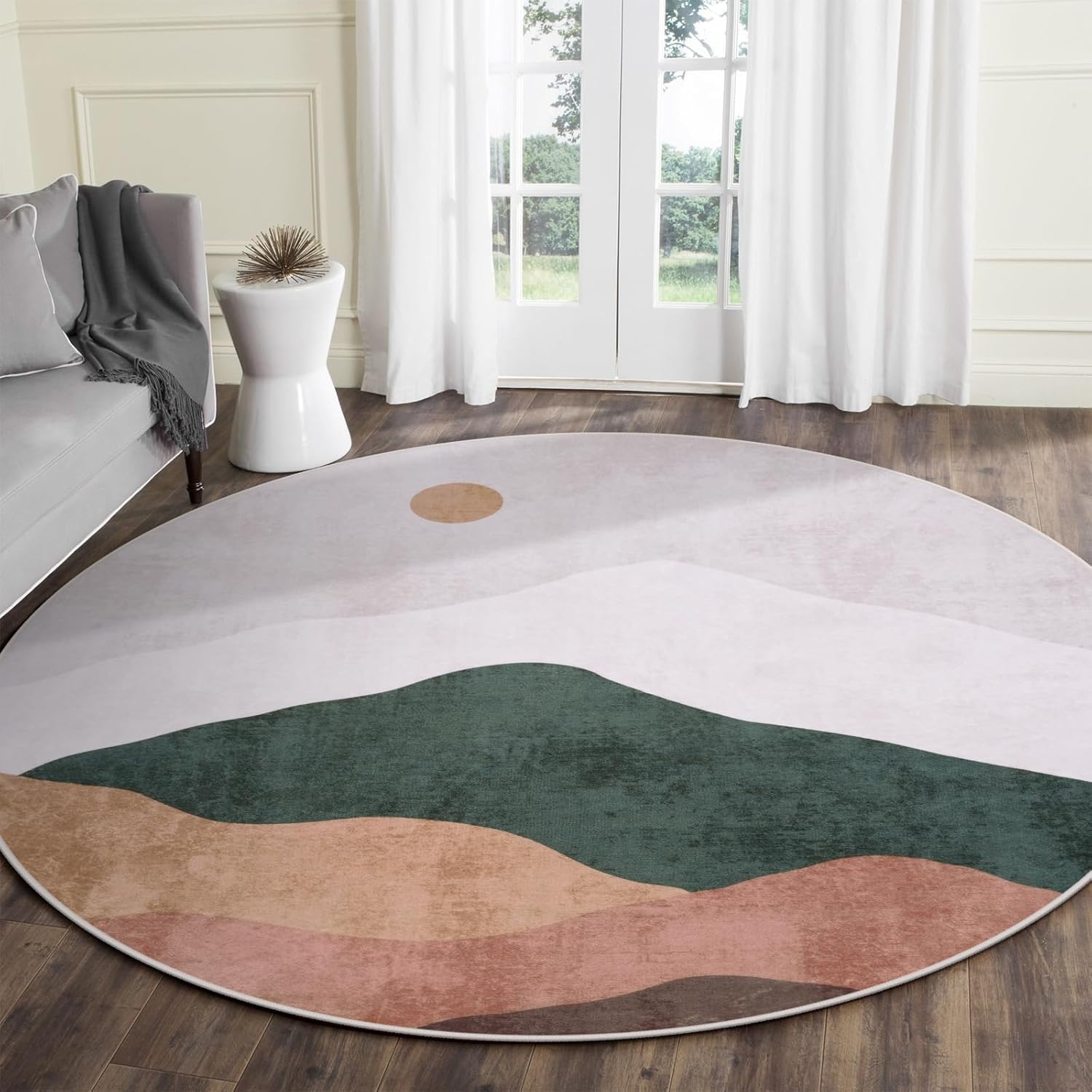 6ft Abstract Rugs for Living Room,Soft Non-Slip Washable Large Round Rug,Chic Faux Wool Mountain Low-Pile Carpets for Kidsroom/Nursery/Bedroom/Porch(Grey) 6' (Round) Grey