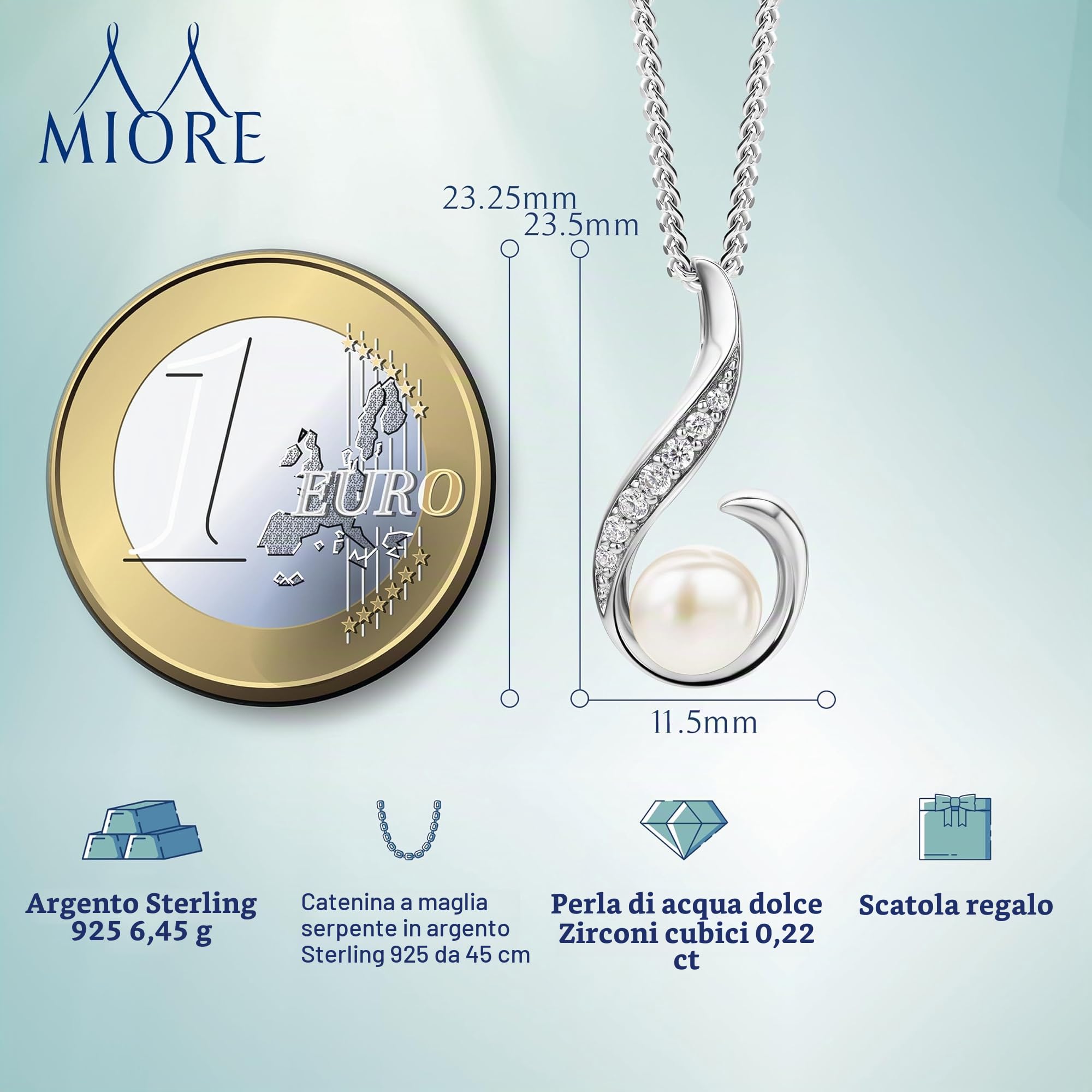 Miore MSAE011N Catenina in argento con perla e zirconi, lunghezza 45cm