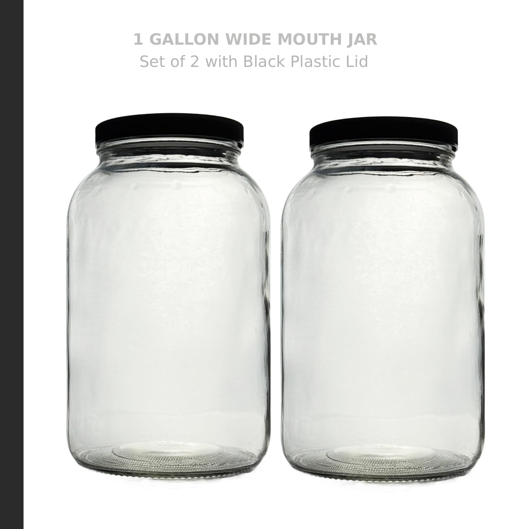 North Mountain Supply Tarro de vidrio de 1 galón de boca ancha con tapa de plástico negro, USDA, sin BPA, fabricado en los Estados Unidos, para fermentar, almacenar, enlatar y mucho más. - Caja de 2