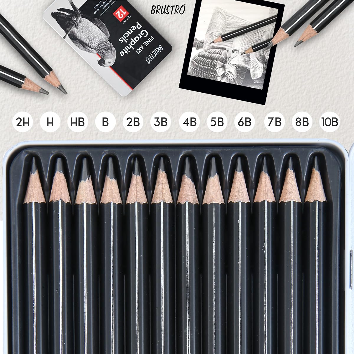 BRUSTRO Artists Fineart Graphite Pencil Set of 12 (10B-2H) with Elegant Tin Box| Pre-Sharpened, Break Resistant, Lightweight, Ideal For Writing, Drawing, Sketching, Illustrations. — Amazon image 4