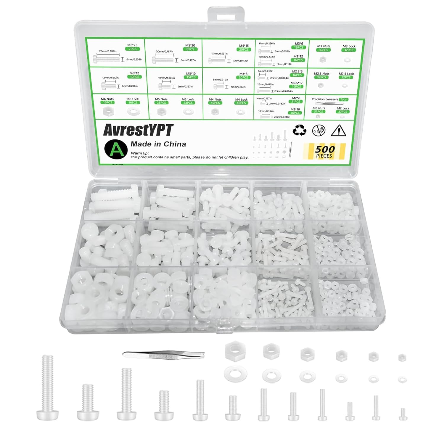 500 Pcs White Nylon Plastic Pan Round Head Screws Bolts and Nuts and Gaskets Metric Full Threaded Hex Head Screws Bolts and Nuts and Washers Assortment Set - M2/M2.5/M3/M4/M5/M6