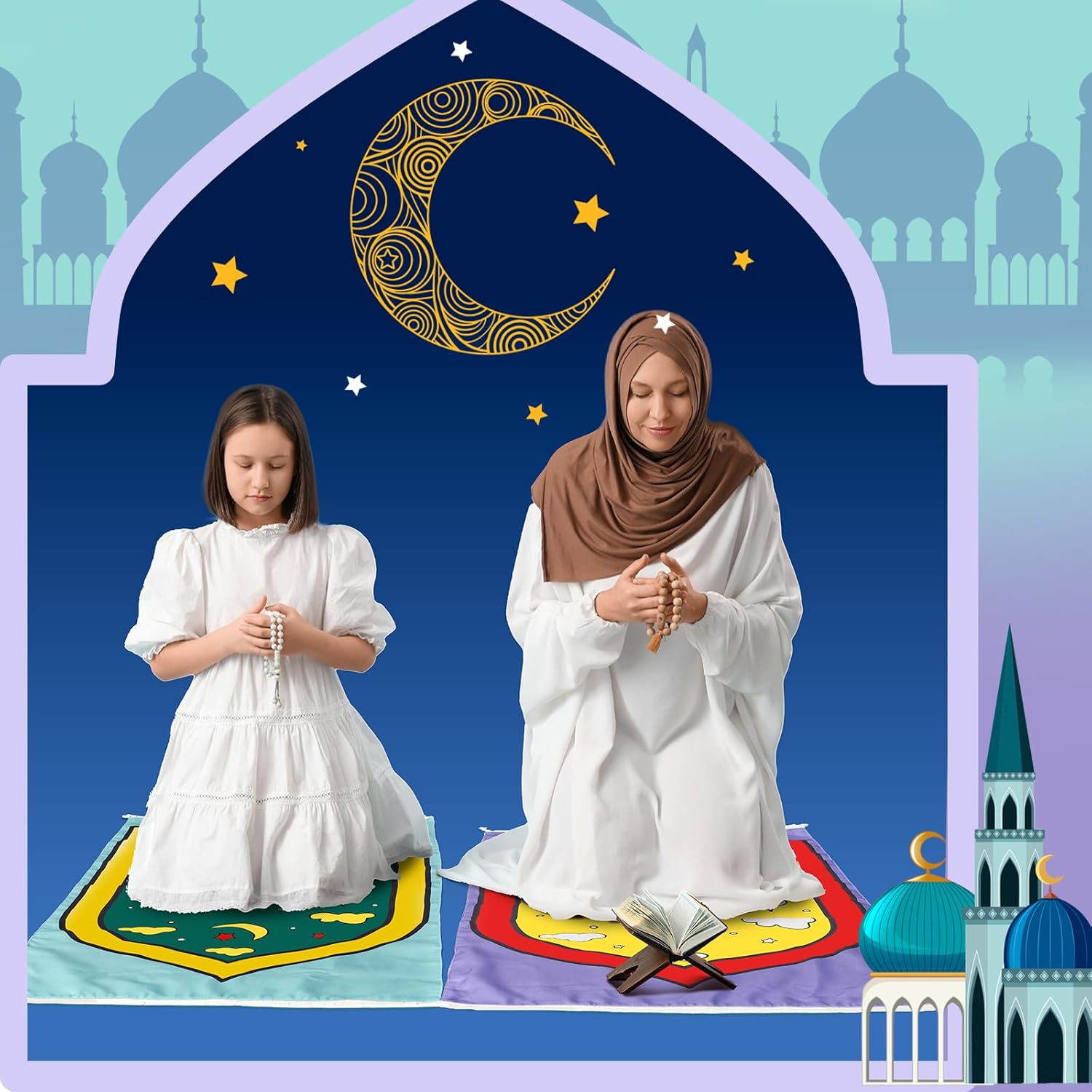 Drydiet 2 Pcs Kids Prayer Mats, Ramadan Eid Gifts for Kids, Washable Painted Prayer Rug with 12 Colourful Marker, Muslim Islamic Gifts, Painted Religion Supplies