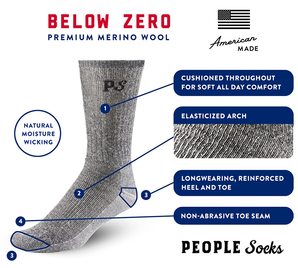 PEOPLE SOCKS Calcetines de lana merino para hombre y mujer, 4 pares, 71% premium con soporte de arco, fabricados en Estados Unidos, Grande 2 x negro carbón, 1 x azul marino, 1 x café., Large