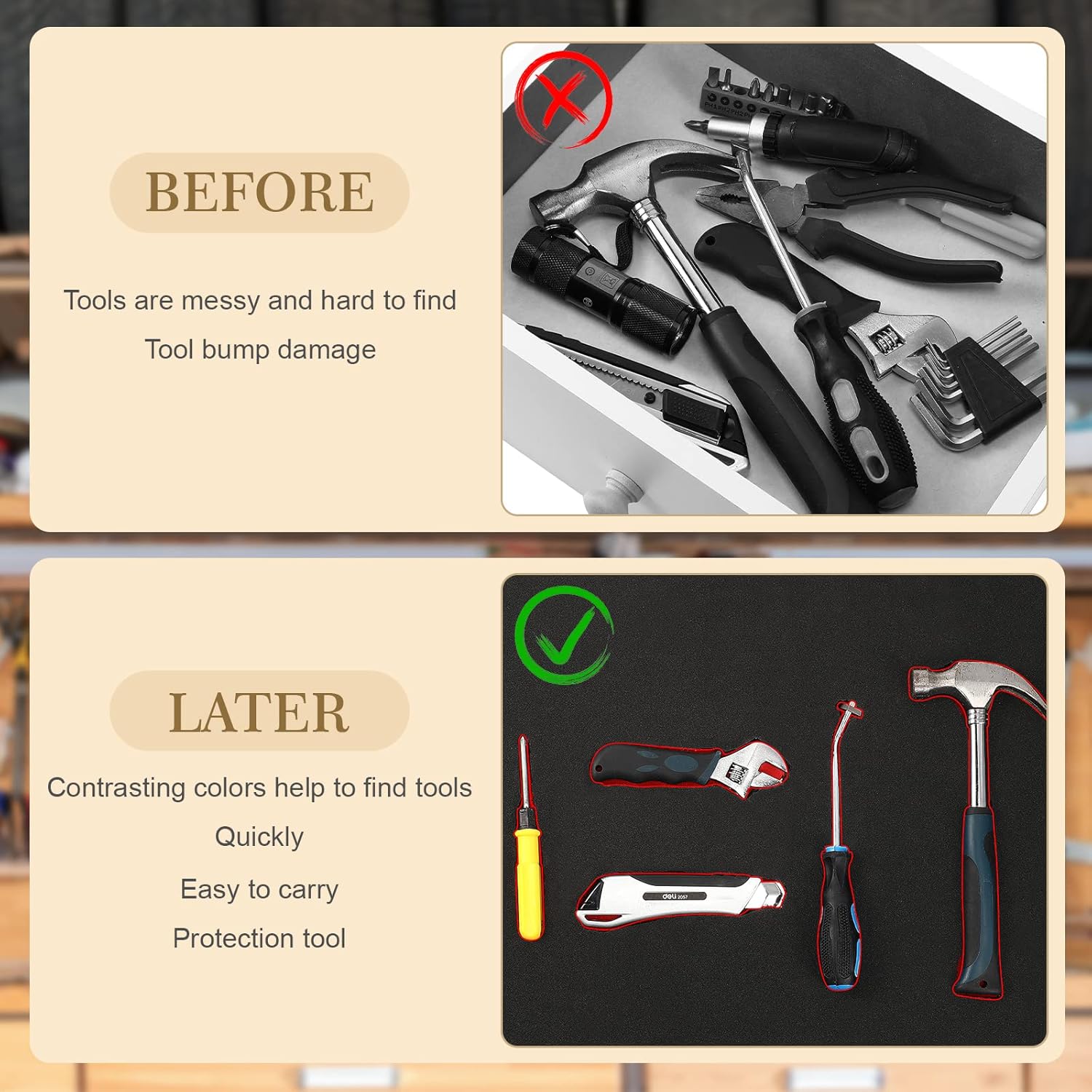 3 Sets Tool Box Shadow Foam Organizers Liner Adjustable Inserts Foam Non Slip Liner Mat for Tool Box, Cabinet and Chest Drawers, Black Top and Red Bottom(18 x 36 Inch)