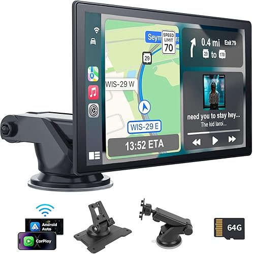 Miniatura 1 de Ellinic Estéreo portátil de 9 pulgadas con Apple Carplay inalámbrico y Android Auto, cámara de respaldo HD 1080P, tarjeta BluetoothSiriFMTF, soporte
