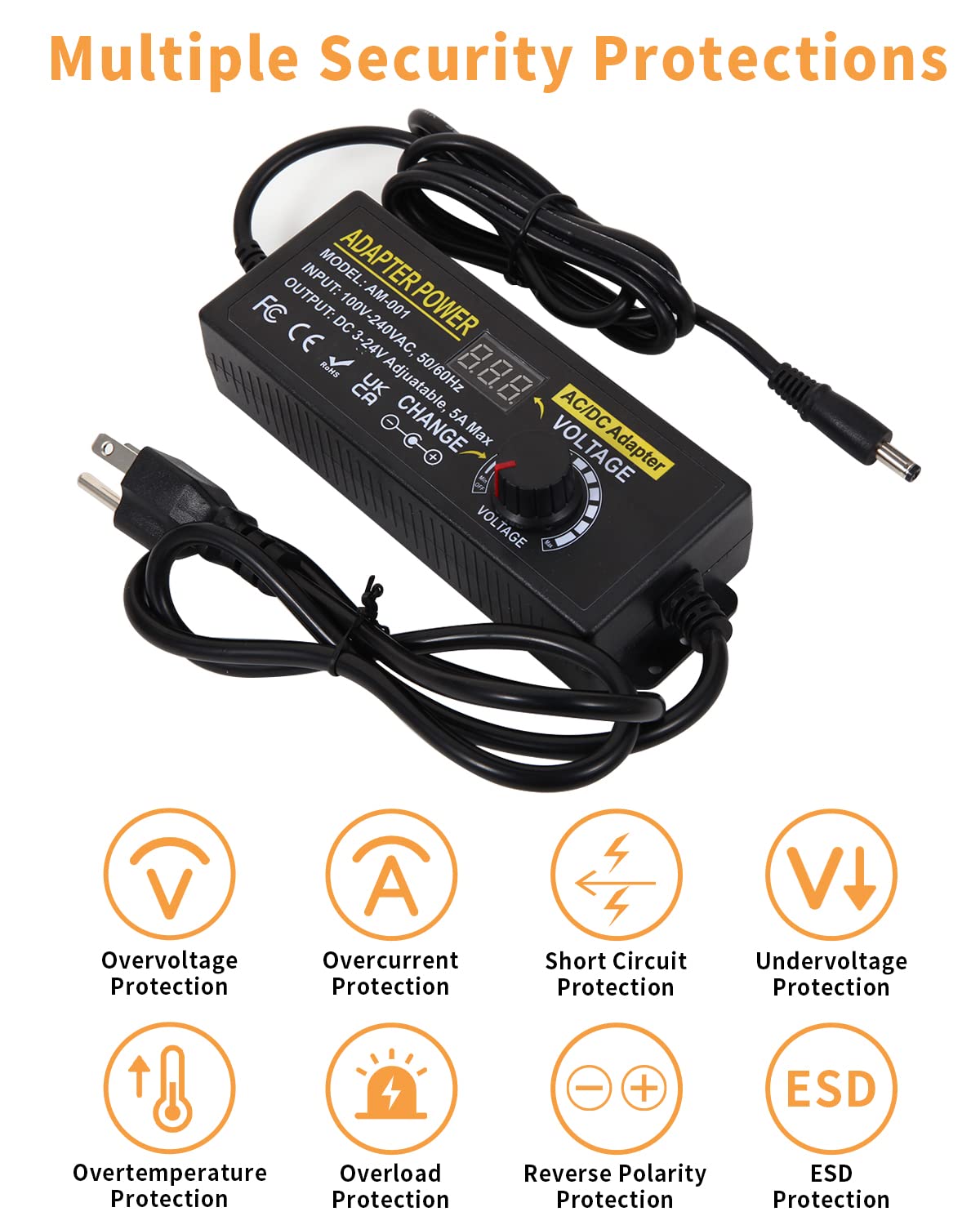 Adaptador de corriente universal con certificación UL – 3 V ~ 24 V 120 W 5 A ajustable CA/CC fuente de alimentación con 14 puntas – 100-240 V 50-60 Hz convertidor variable para luz LED