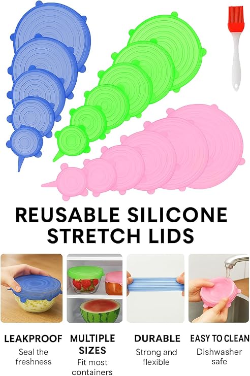 Silicone Stretch Lids, 18 Pack with Free Silicone Brush, 6 Sizes for Bowls, Cans & Containers, Reusable Food-Grade Covers for Food Storage, Leakproof & Microwave Safe