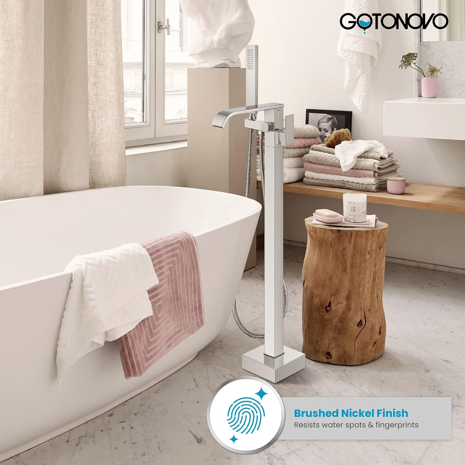 Free Shipping Offer gotonovo Brushed Nickel Waterfall Freestanding Bathtub Faucet Floor Mount Tub Filler Brass Single Handle with Hand Shower and Swivel Tub Spout Black Friday - 60% OFF gotonovo Brushed Nickel Waterfall Freestanding Bathtub Faucet Floor Mount Tub Filler Brass Single Handle with Hand Shower and Swivel Tub Spout