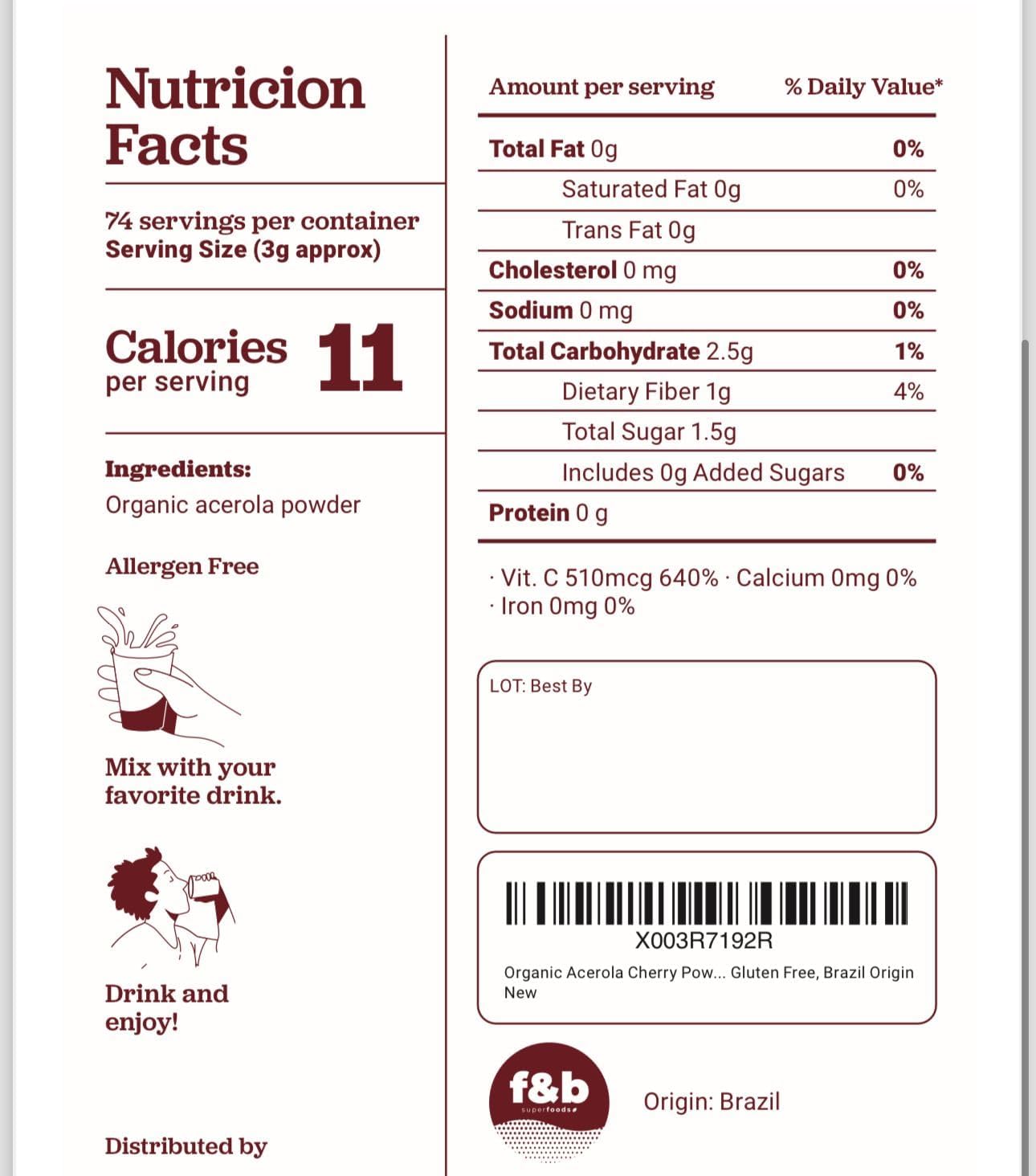 f&b superfoods Pure Organic Acerola Cherry Powder Freeze Dried (8oz), Organic Vitamin C Powder for Immune System Booster, Smoothie, Cherry Juice, acerola Vitamin c Bulk Powder, Brazil Origin.
