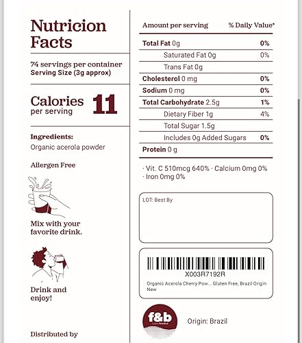Miniatura 8 de f&b superfoods Polvo de cereza de acerola orgánica pura liofilizado (8oz), polvo orgánico de vitamina C para refuerzo del sistema inmunológico,