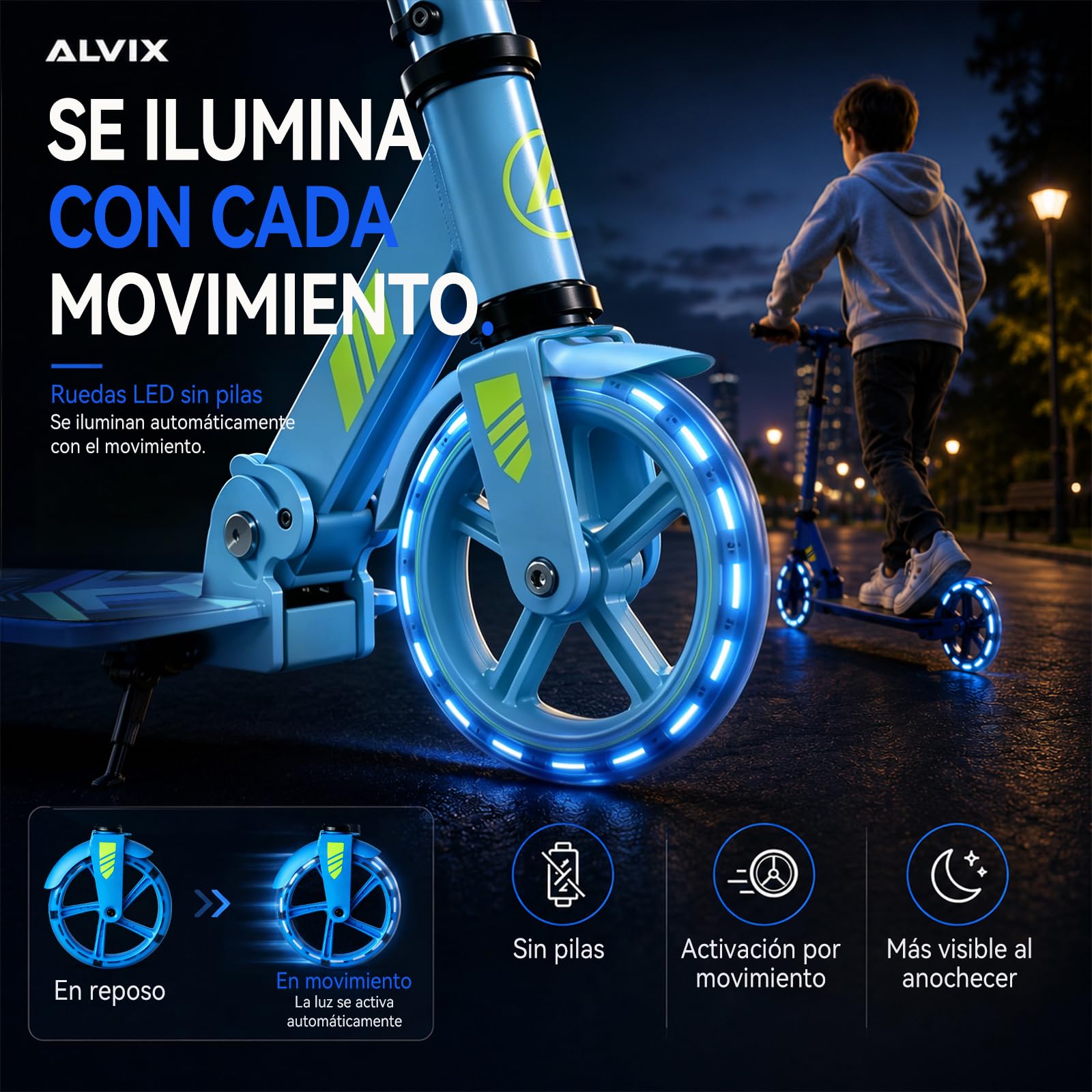 ALVIX Patinete infantil con ruedas LED, altura regulable a partir de 6 años, ruedas de 200 mm, patinete plegable con correa de transporte, plataforma ancha, hasta 100 kg