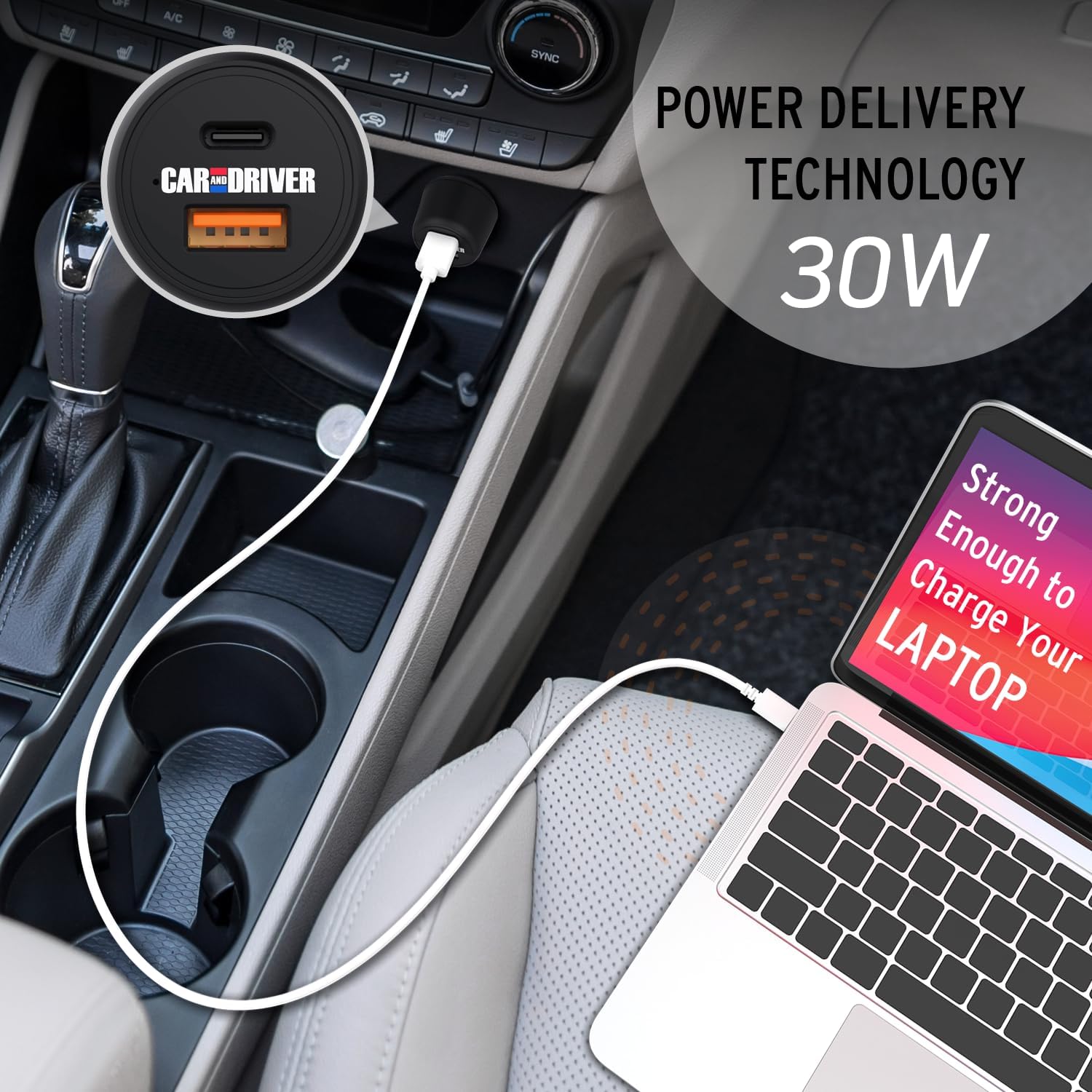 Car and Driver Dual-Port Car Charger in a vehicle, with a laptop charging via the USB-C port.